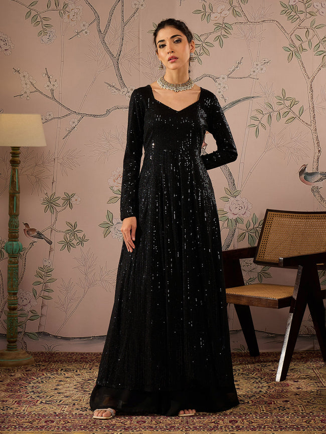 Women Black Sequins Sweetheart Neck Anarkali Kurta