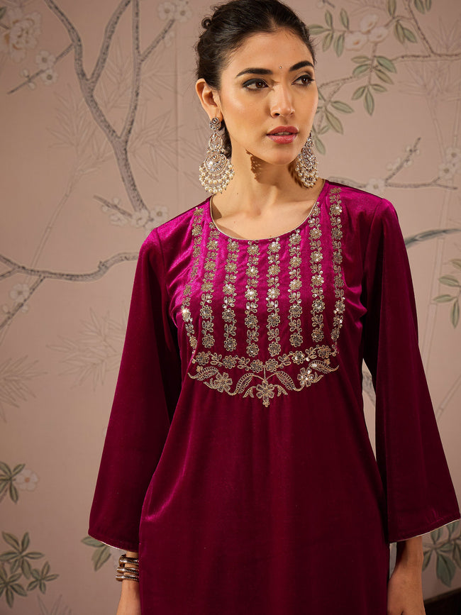 Women Fuchsia Velvet Front Embroidered Kurta