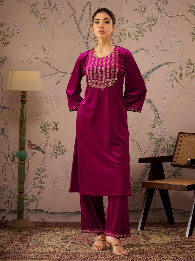Women Fuchsia Velvet Front Embroidered Kurta