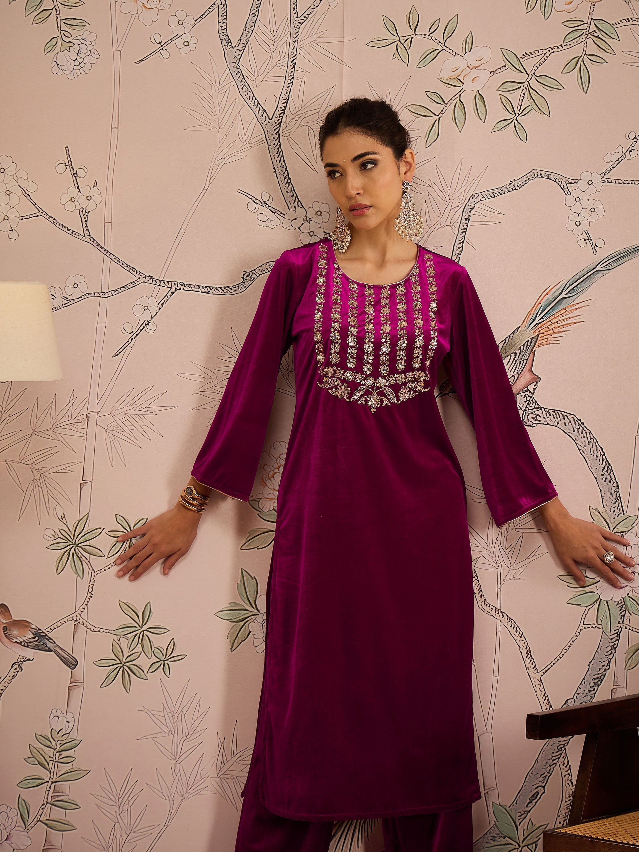 Women Fuchsia Velvet Front Embroidered Kurta