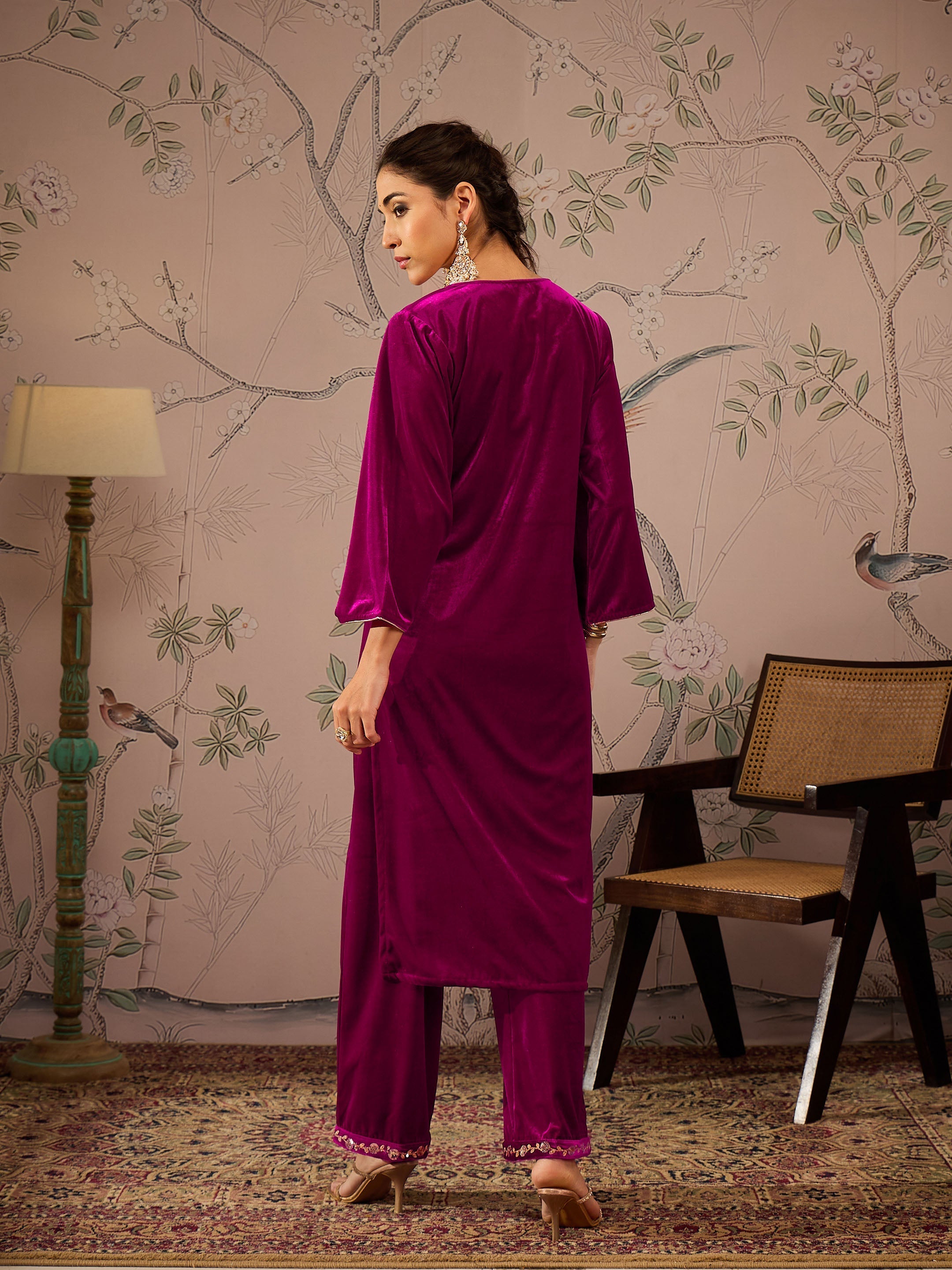 Women Fuchsia Velvet Front Embroidered Kurta