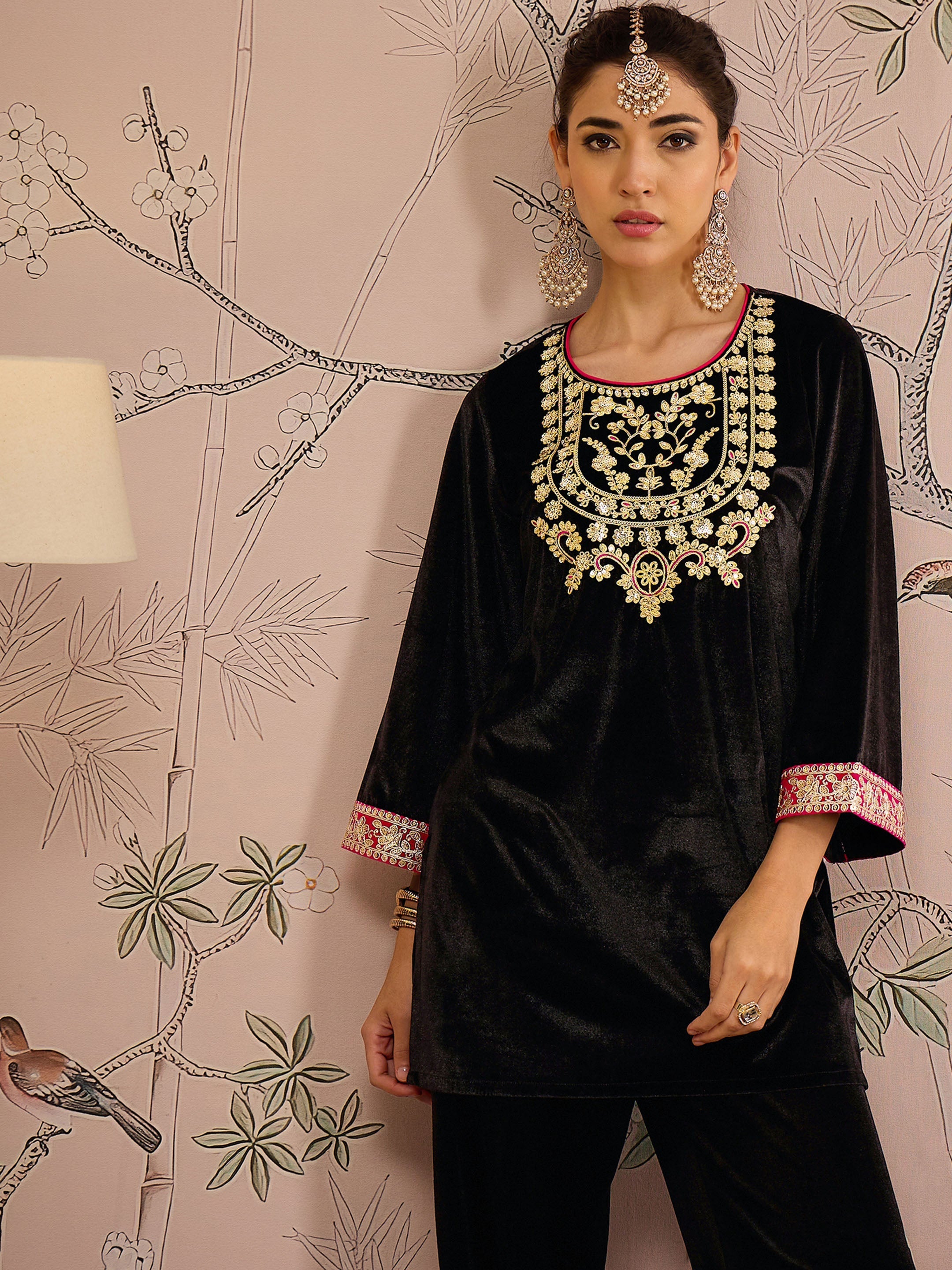 Women Black Velvet Embroidered Short Kurta