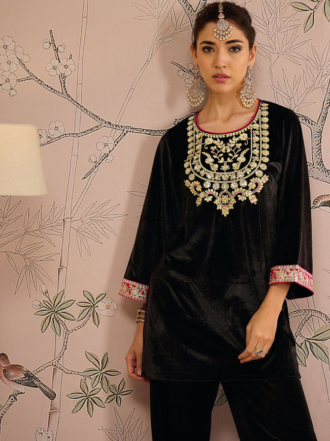 Women Black Velvet Embroidered Short Kurta