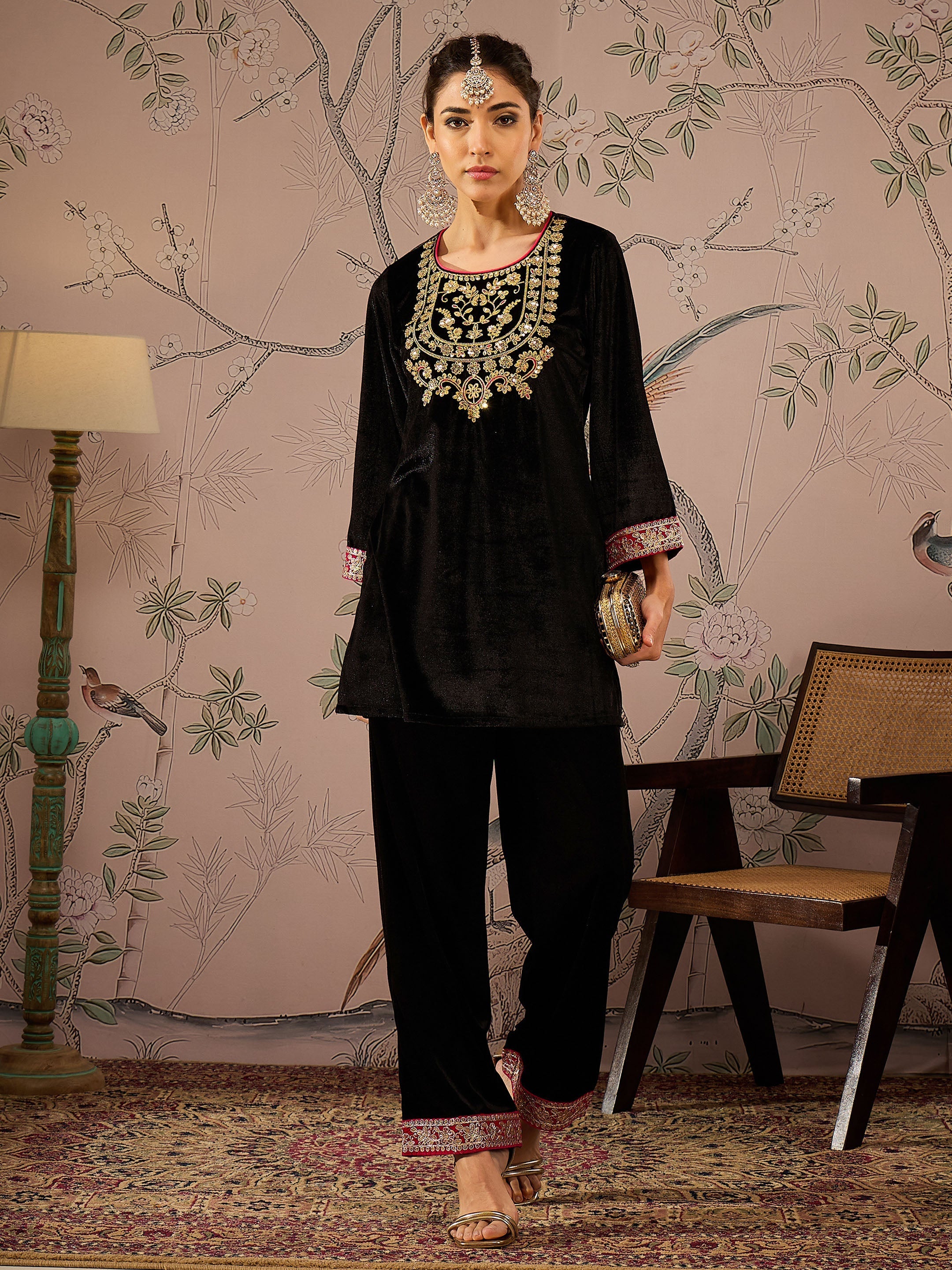 Women Black Velvet Embroidered Short Kurta
