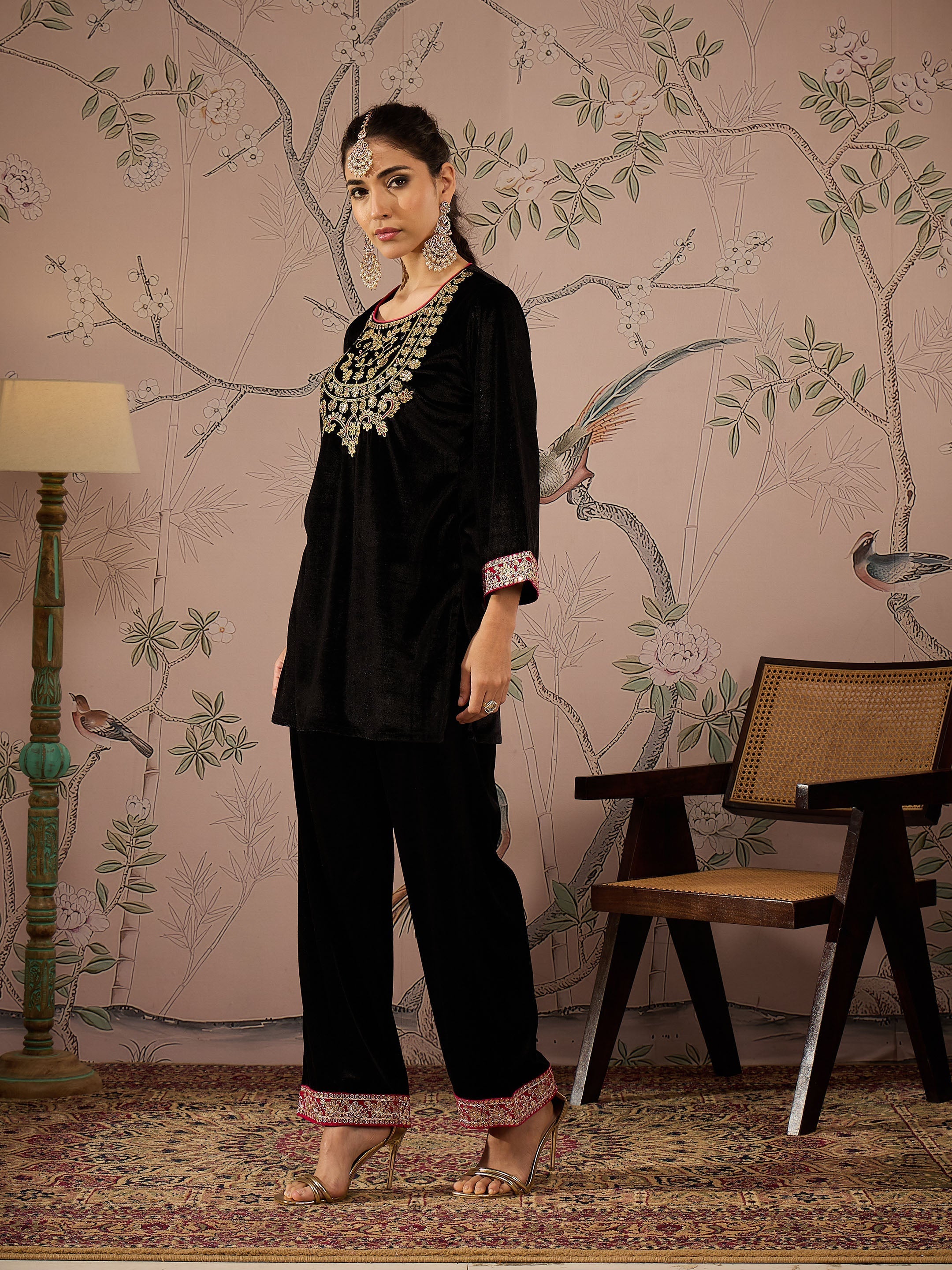 Women Black Velvet Embroidered Short Kurta