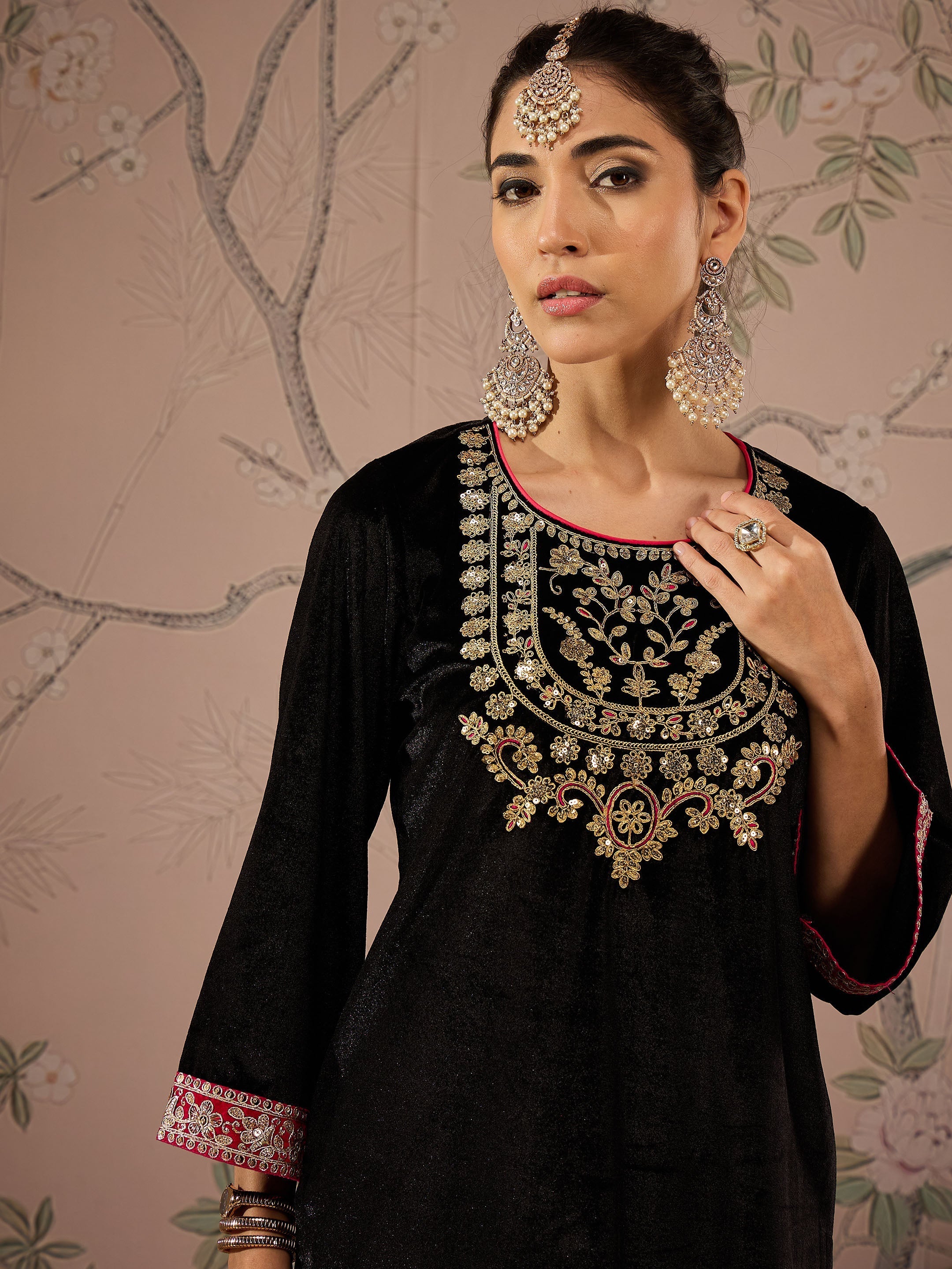 Women Black Velvet Embroidered Short Kurta