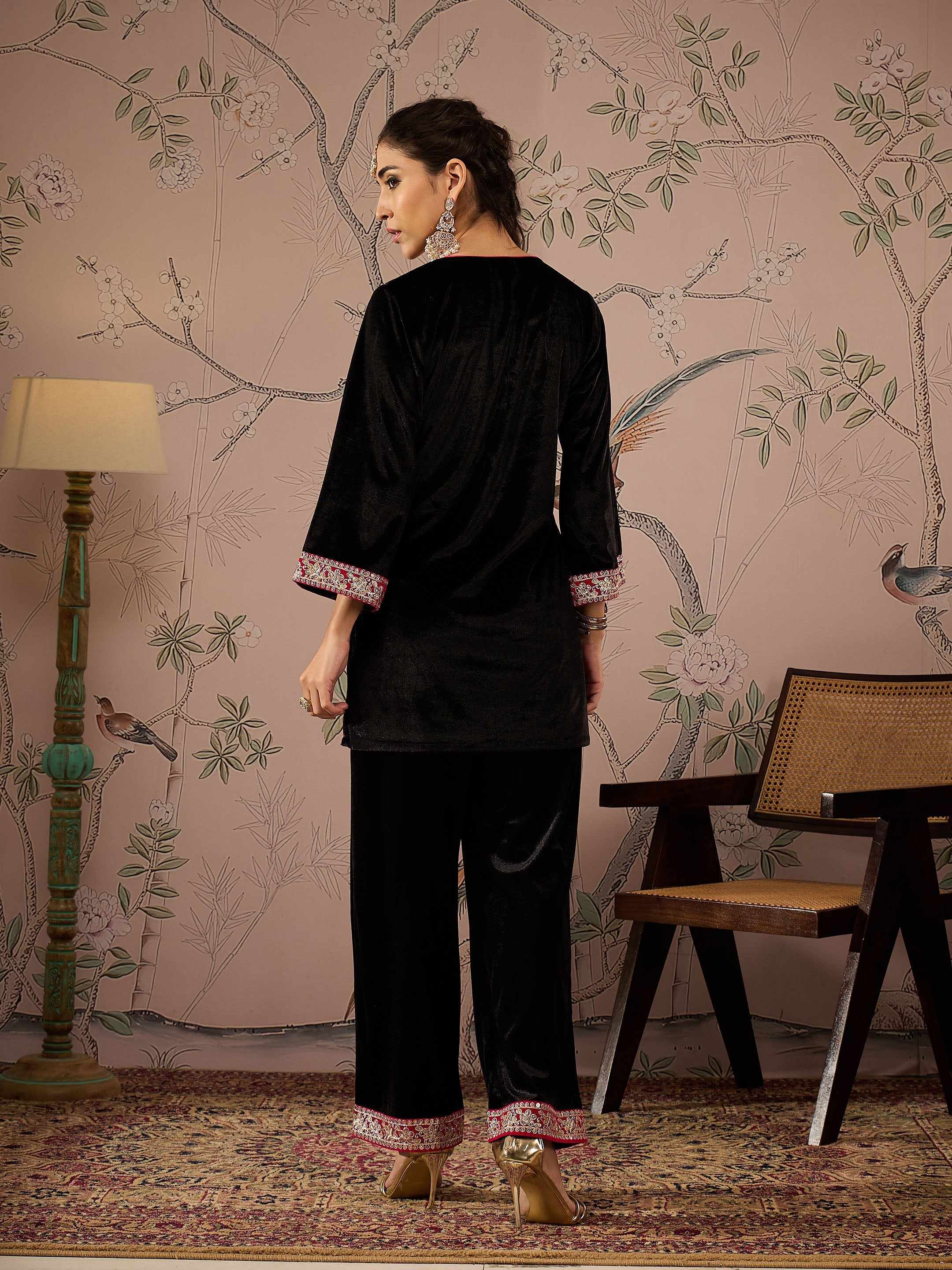 Women Black Velvet Embroidered Short Kurta