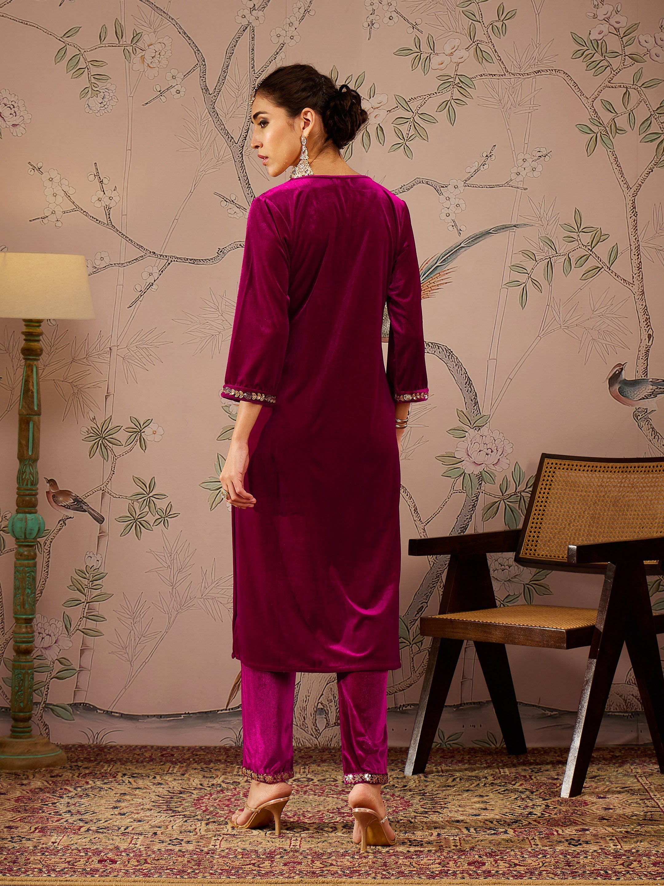 Women Fuchsia Velvet Front Embroidered Kurta
