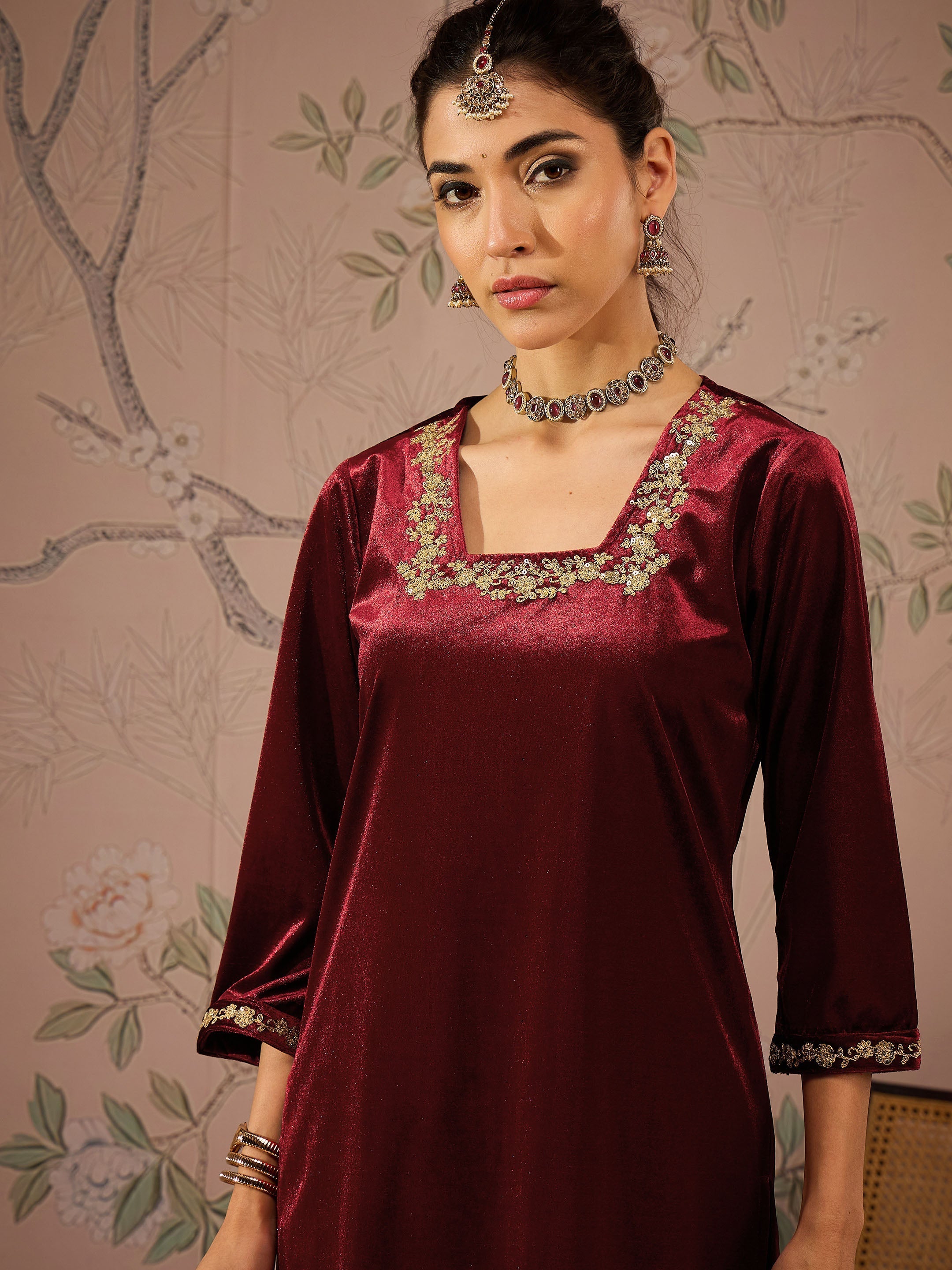Women Maroon Velvet Glass Neck Front Embroidered Kurta