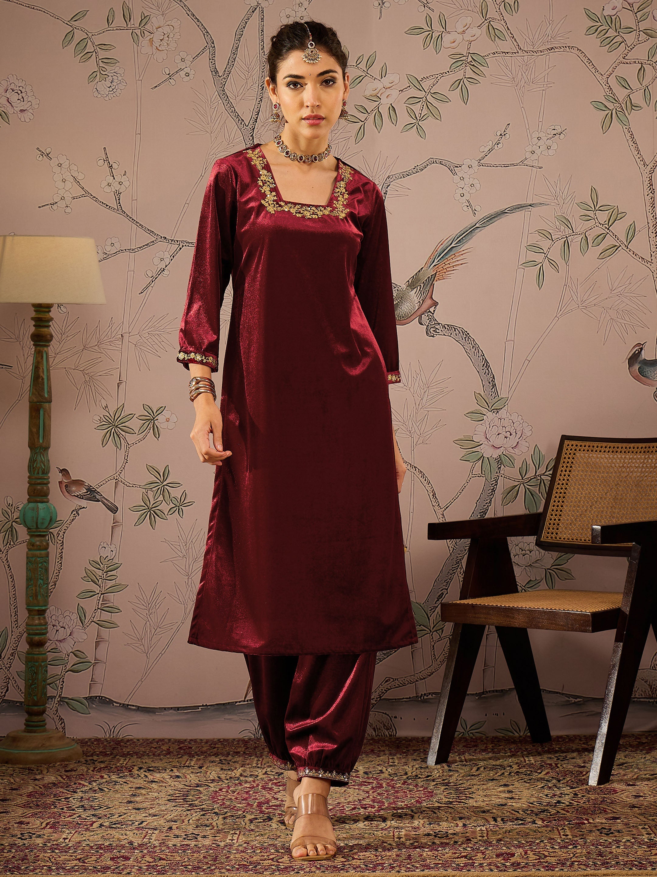 Women Maroon Velvet Glass Neck Front Embroidered Kurta