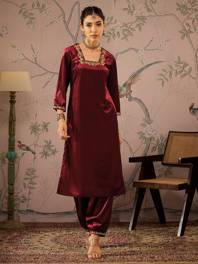 Women Maroon Velvet Glass Neck Front Embroidered Kurta