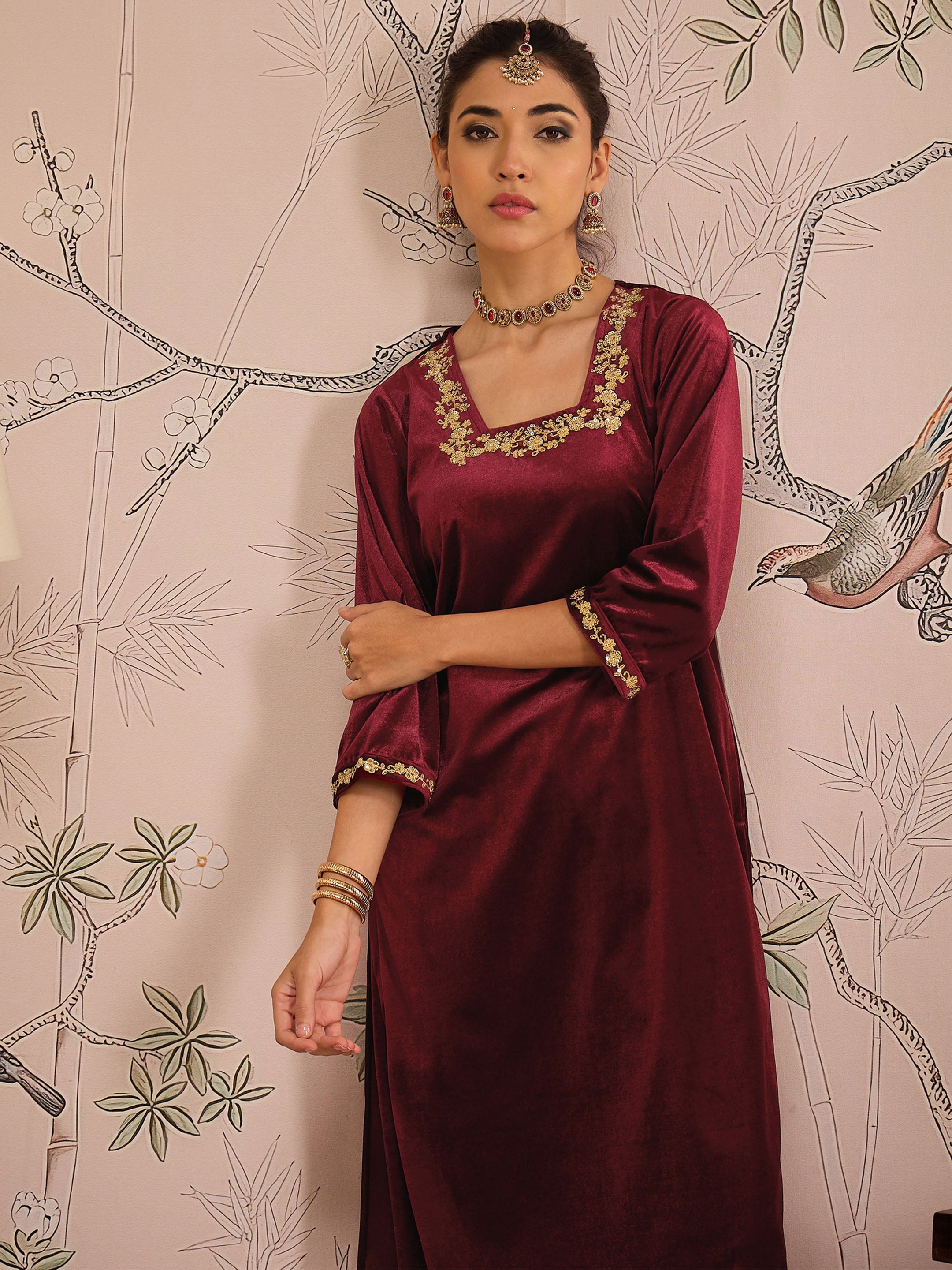 Women Maroon Velvet Glass Neck Front Embroidered Kurta