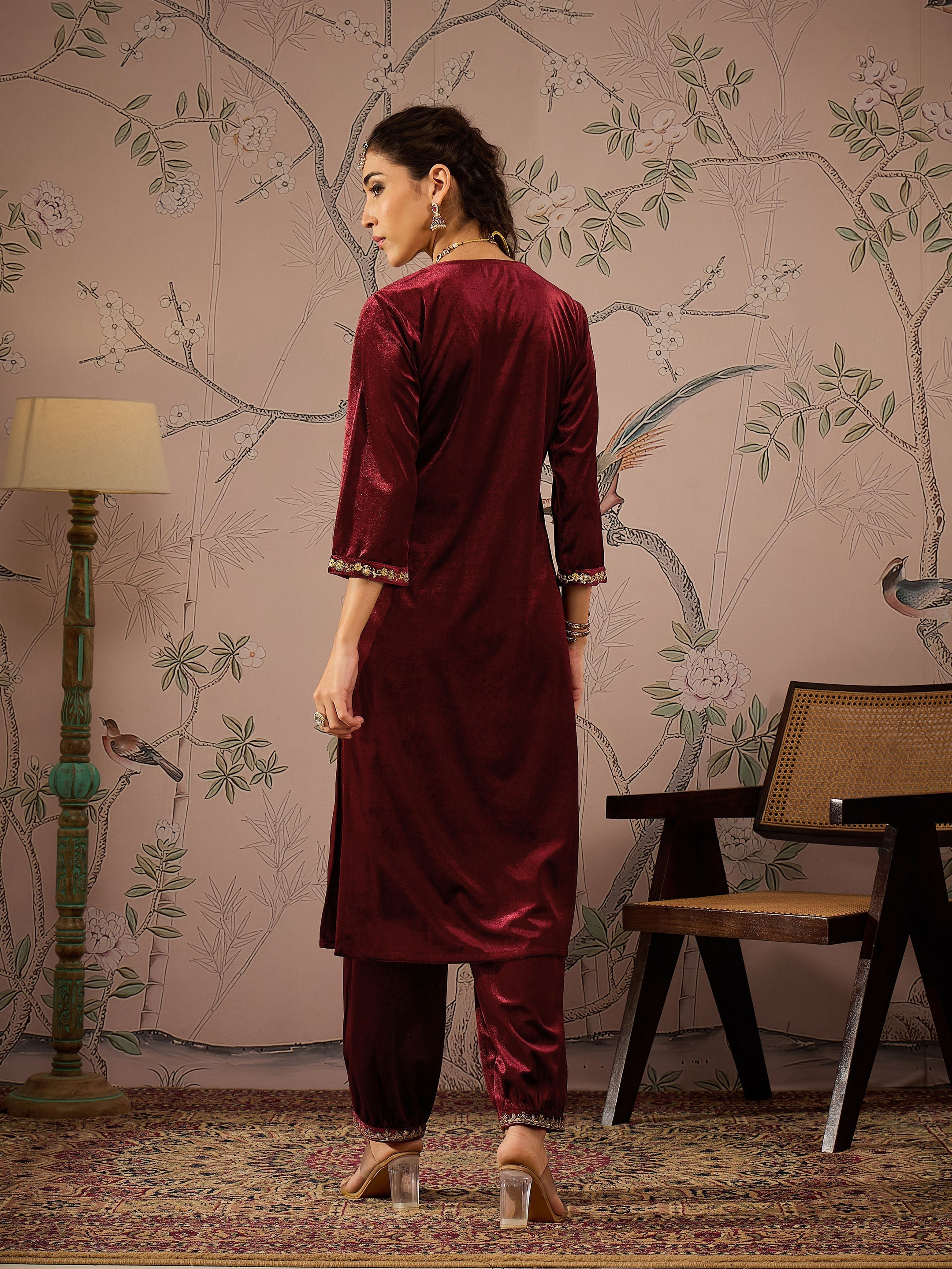 Women Maroon Velvet Glass Neck Front Embroidered Kurta
