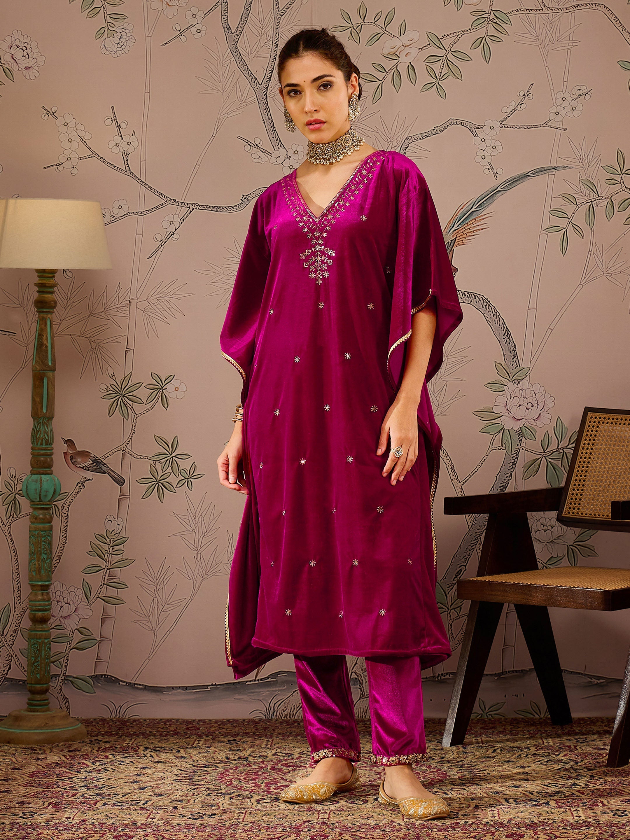 Women Fuchsia Velvet Front Embroidered Kaftan Kurta