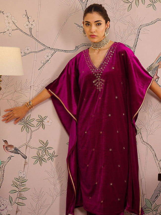 Women Fuchsia Velvet Front Embroidered Kaftan Kurta