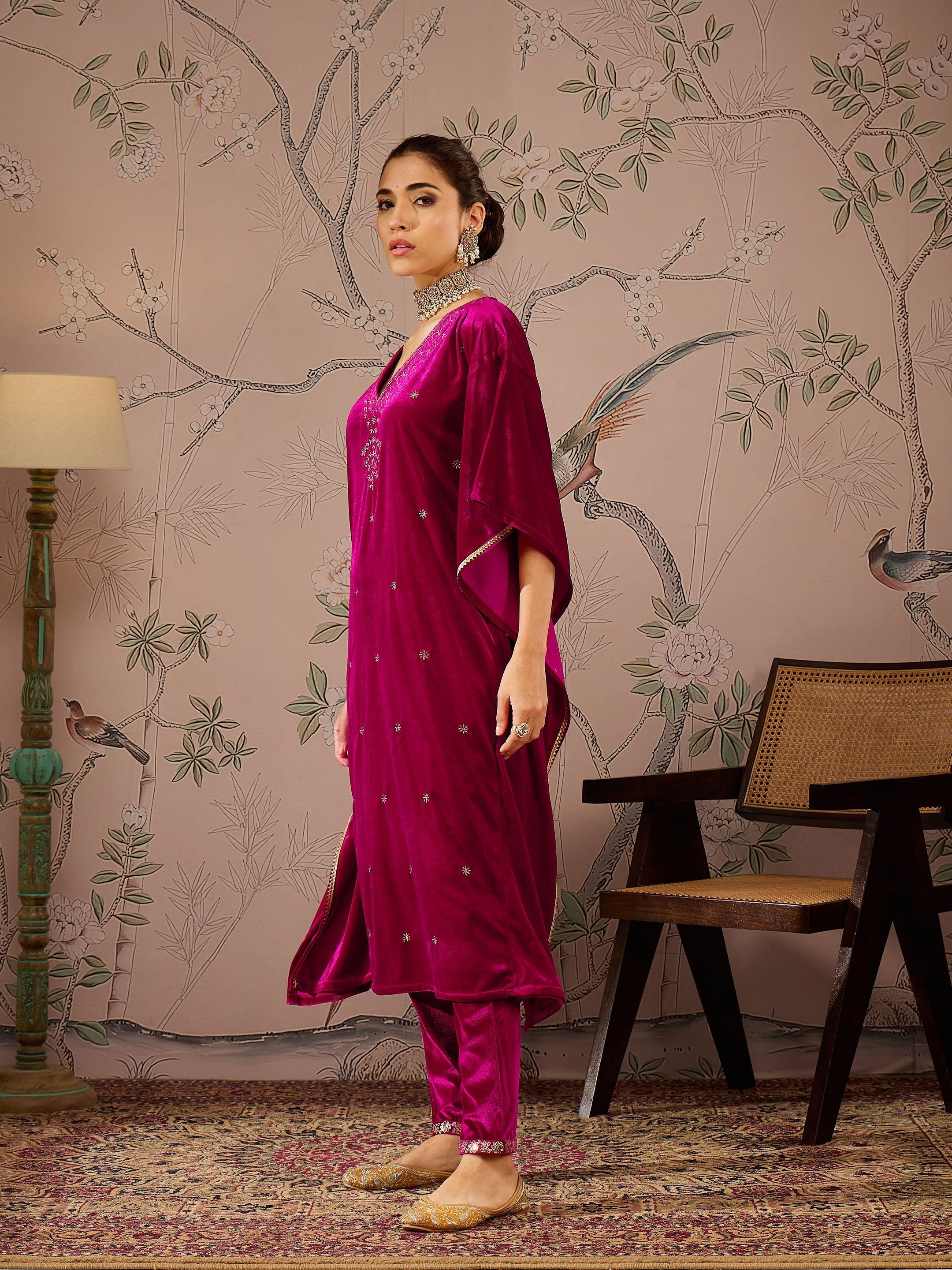 Women Fuchsia Velvet Front Embroidered Kaftan Kurta