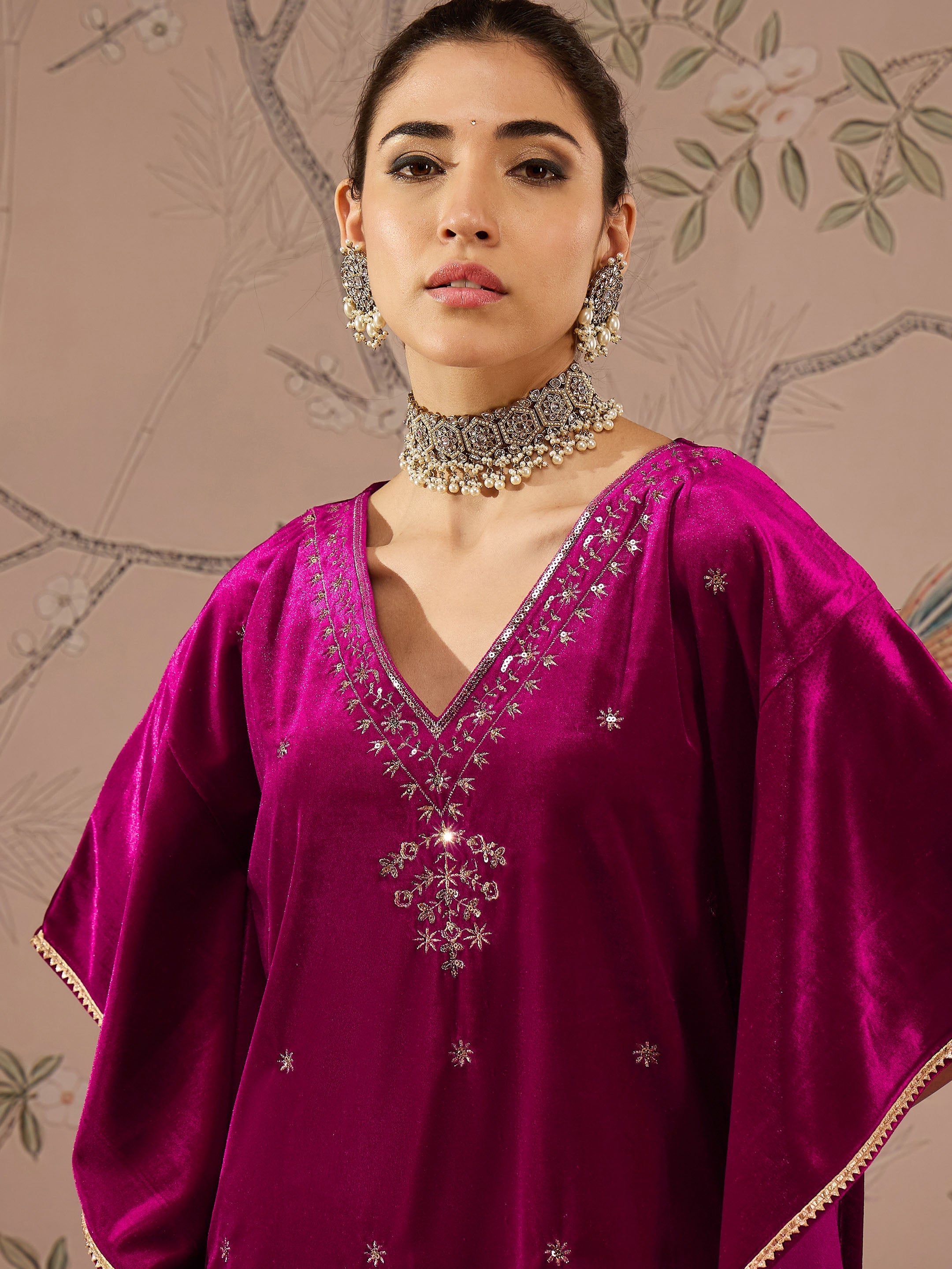 Women Fuchsia Velvet Front Embroidered Kaftan Kurta