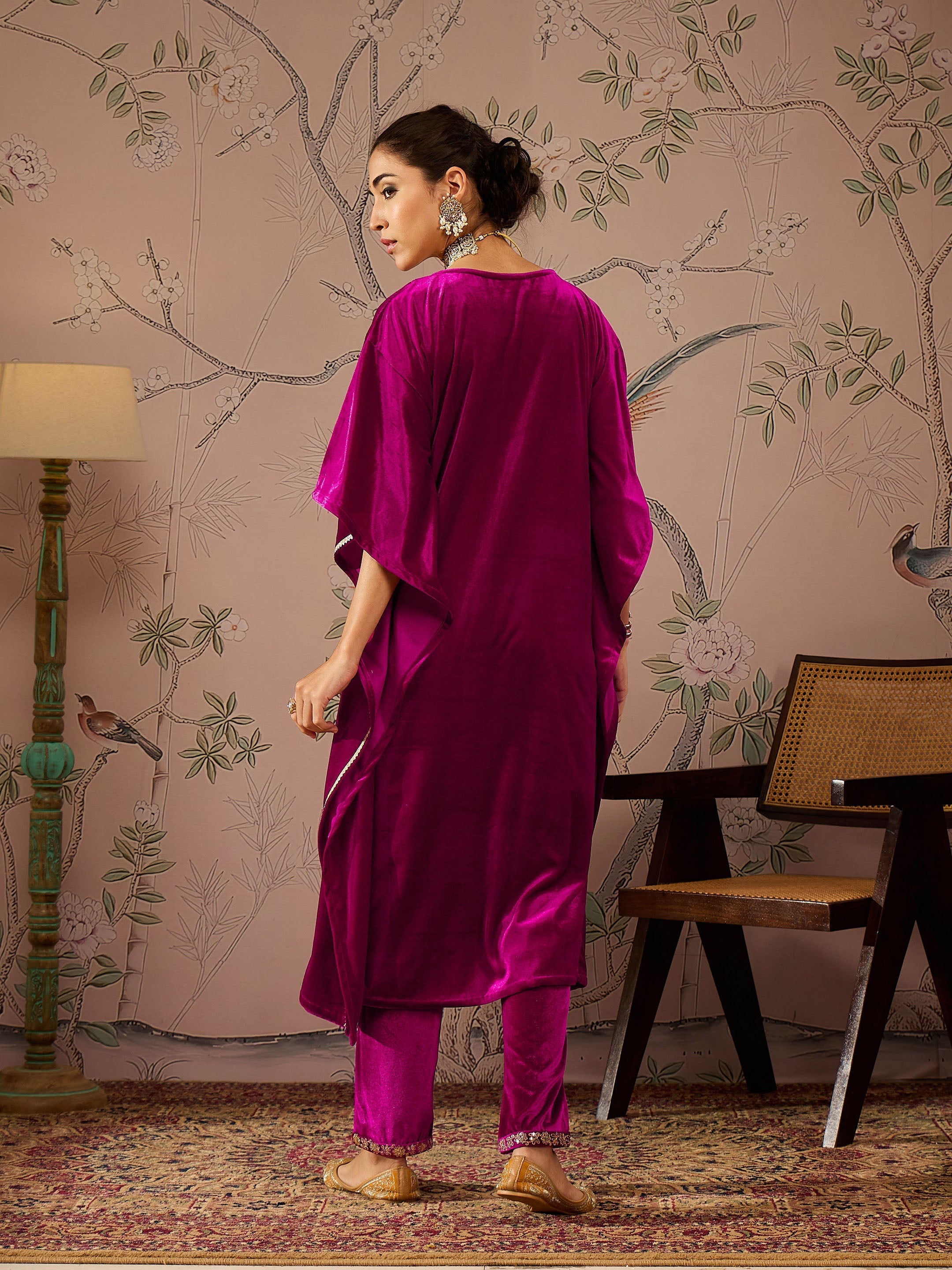 Women Fuchsia Velvet Front Embroidered Kaftan Kurta