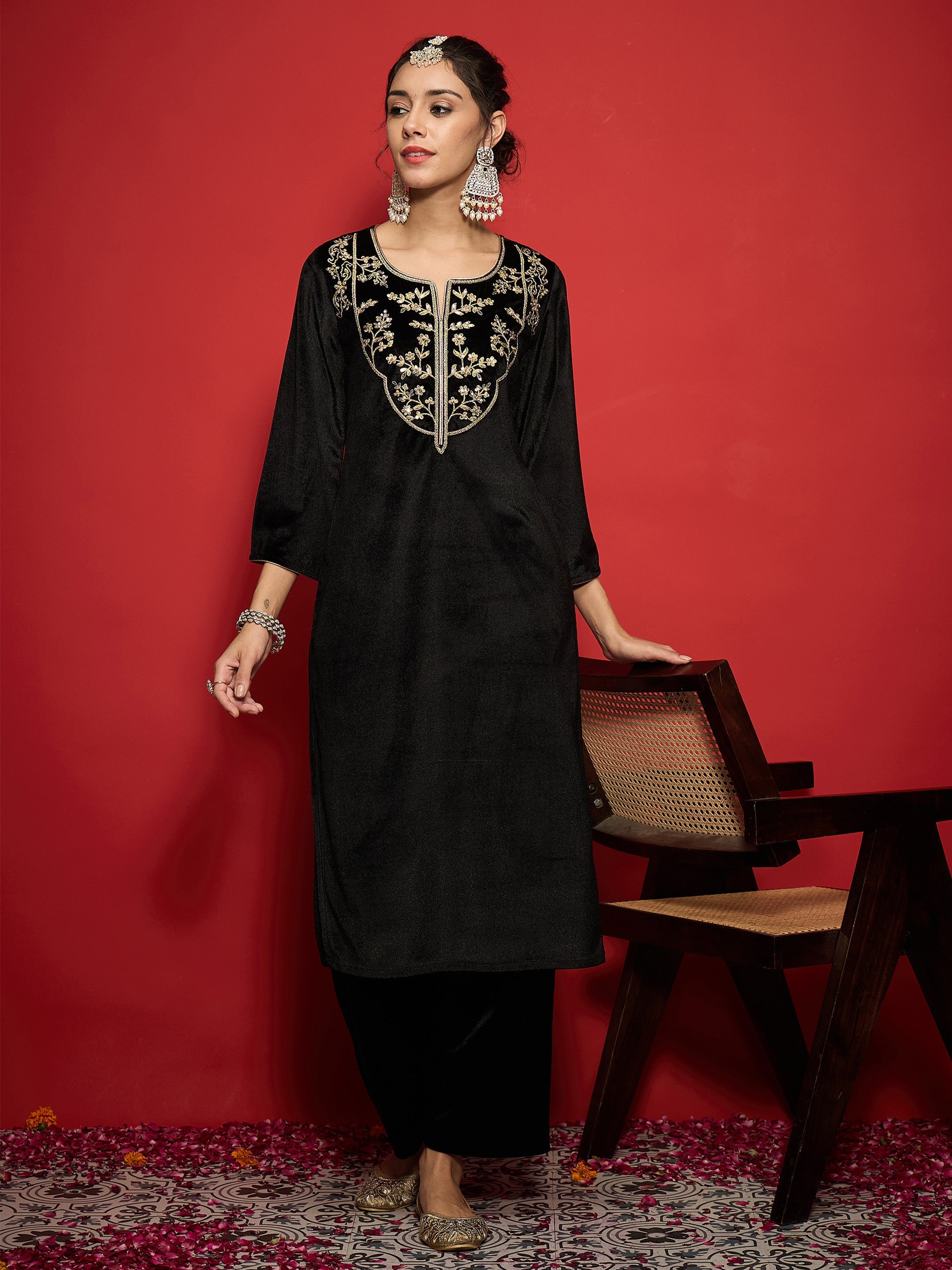 Women Black Velvet Straight Embroidered Kurta