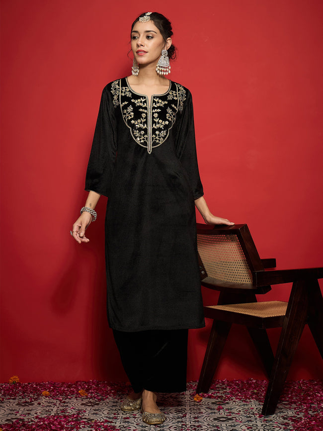 Women Black Velvet Straight Embroidered Kurta