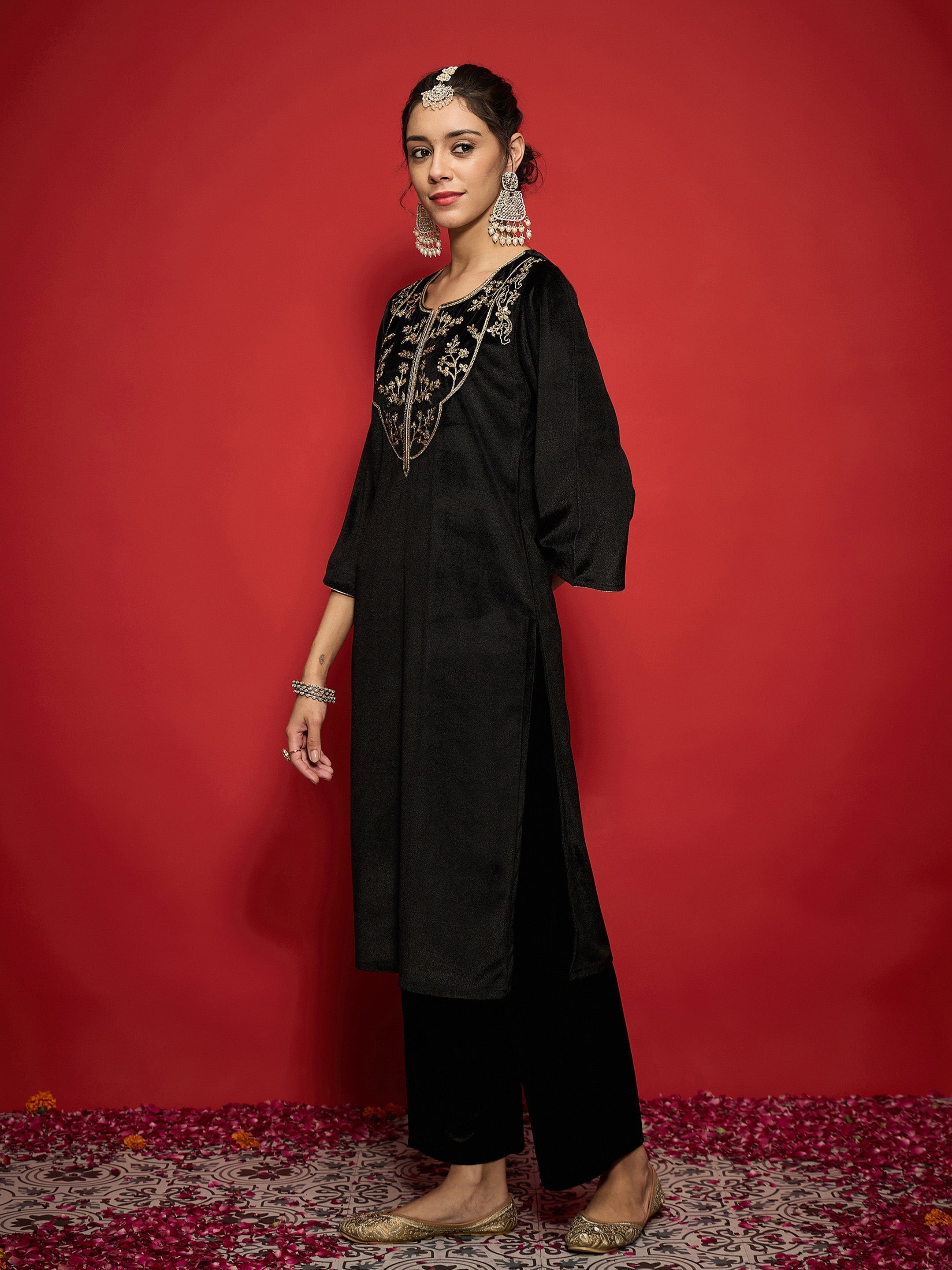 Women Black Velvet Straight Embroidered Kurta