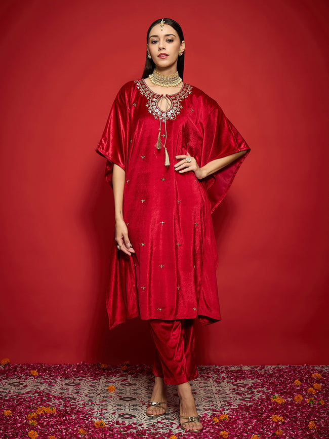 Women Red Velvet Front Embroidered Kaftan Kurta