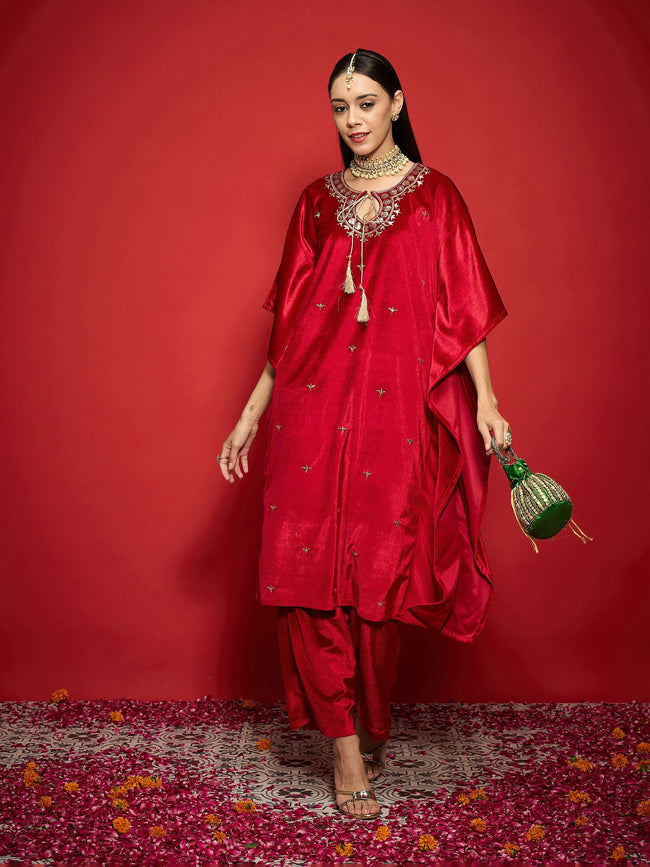 Women Red Velvet Front Embroidered Kaftan Kurta