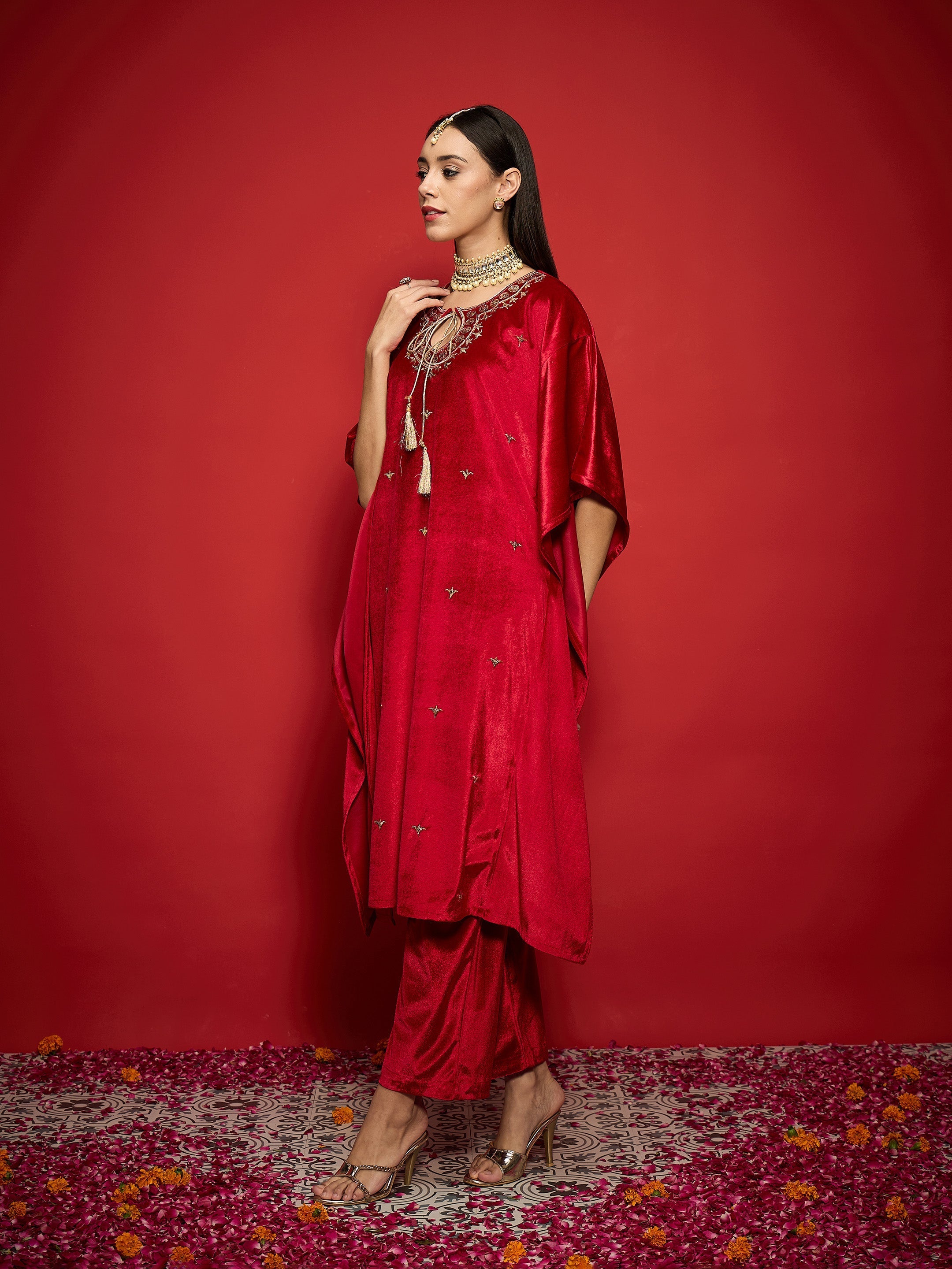 Women Red Velvet Front Embroidered Kaftan Kurta