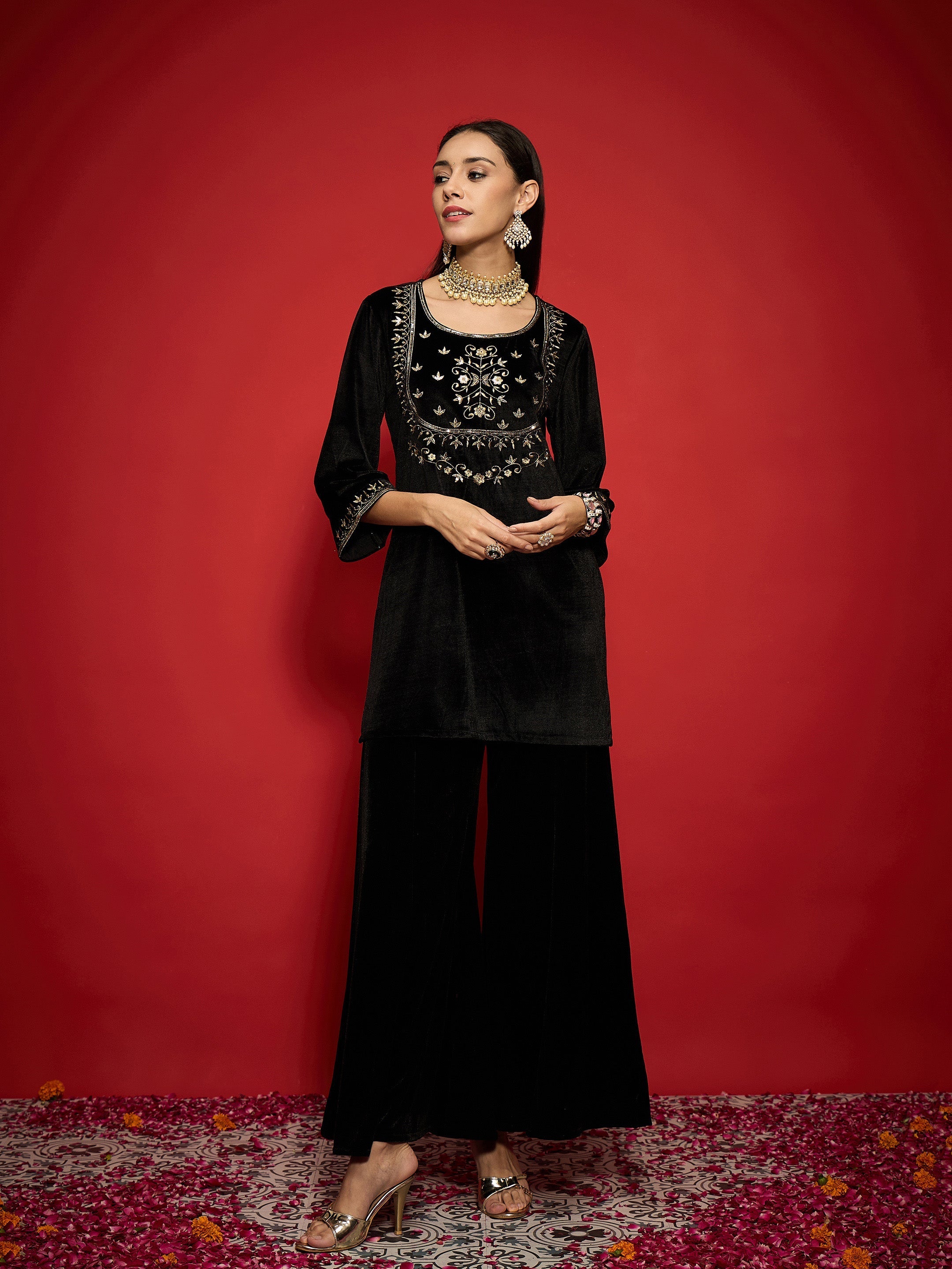 Women Black Velvet Embroidered Round Neck Short Kurta