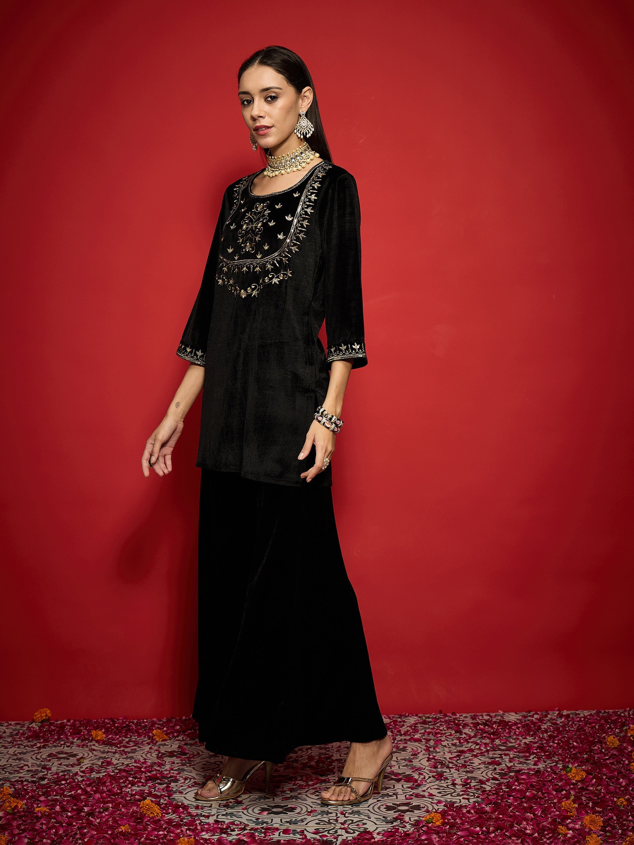 Women Black Velvet Embroidered Round Neck Short Kurta