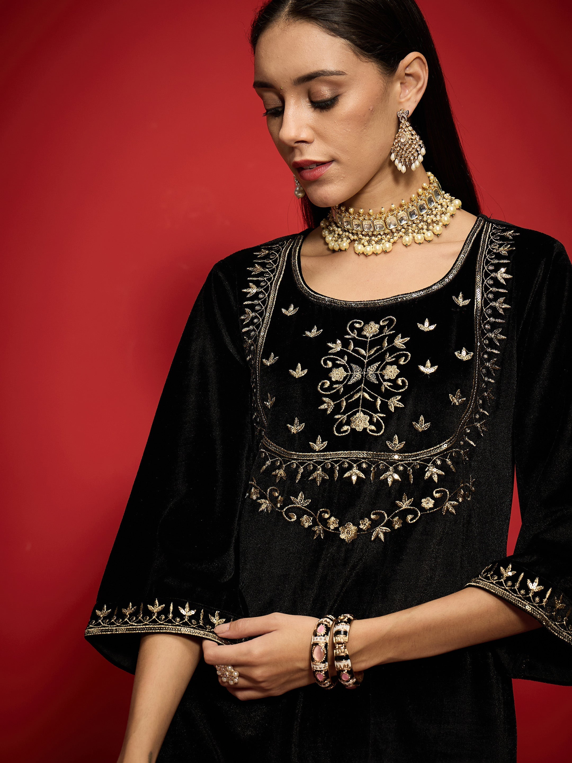 Women Black Velvet Embroidered Round Neck Short Kurta