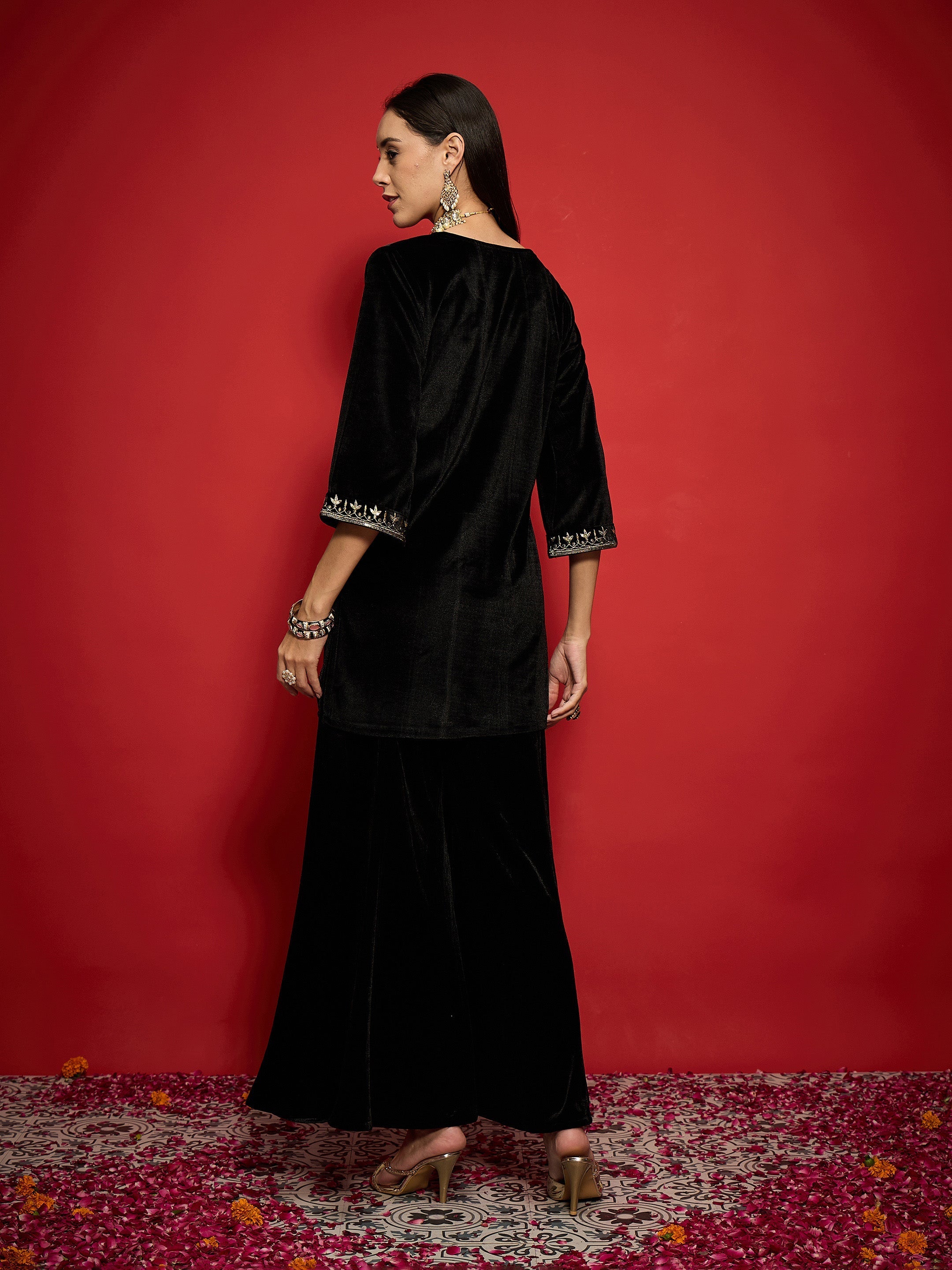 Women Black Velvet Embroidered Round Neck Short Kurta