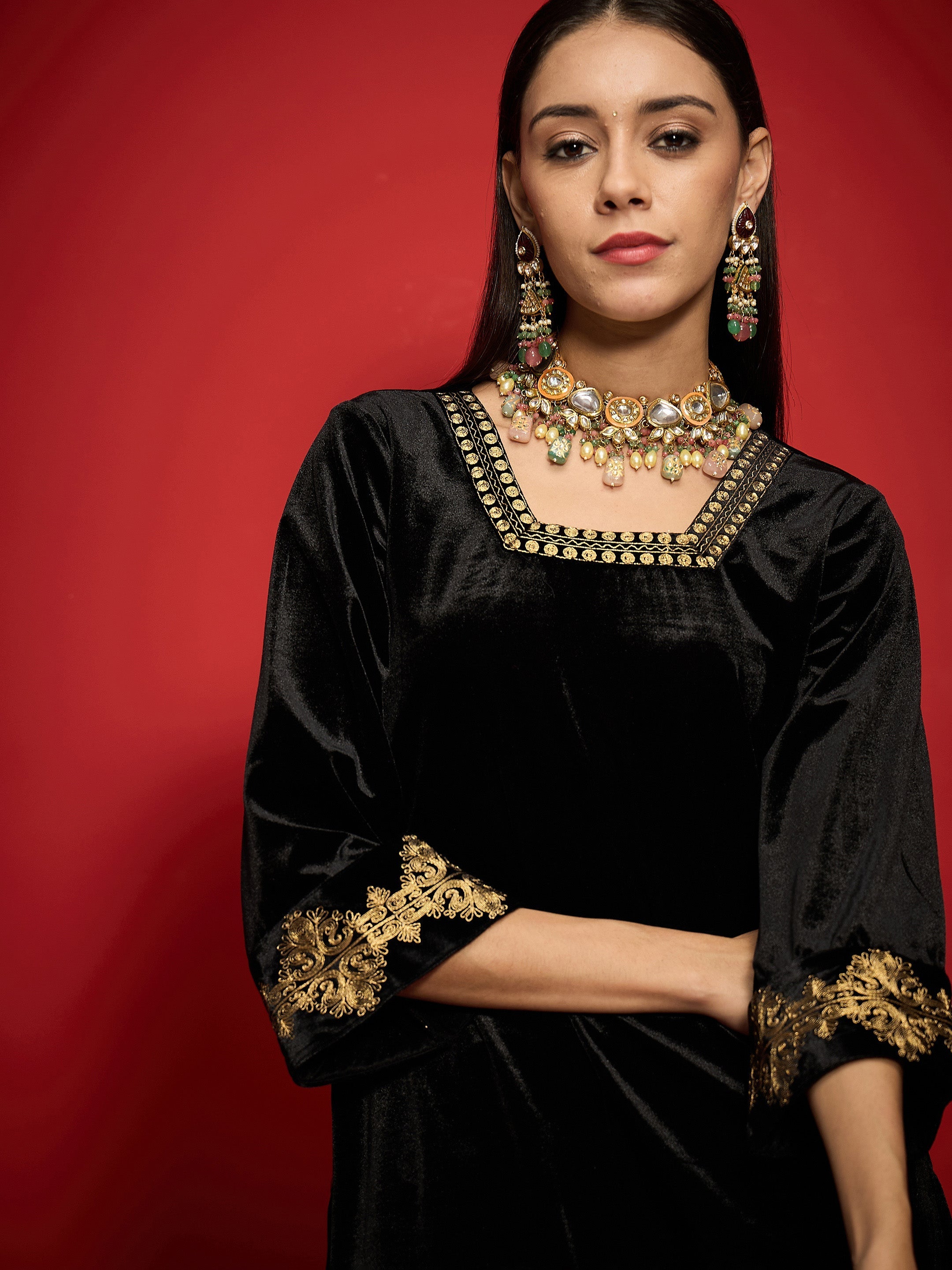 Women Black Velvet Front Embroidered Glass Neck Short Kurta
