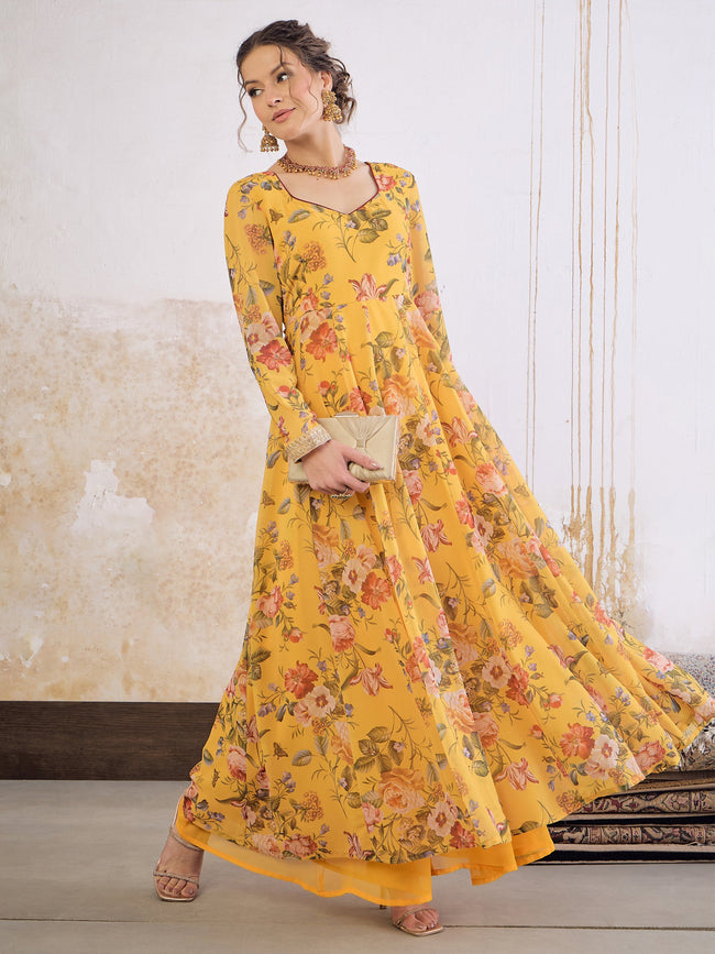 Women Yellow Floral Sweetheart Neck Anarkali Kurta