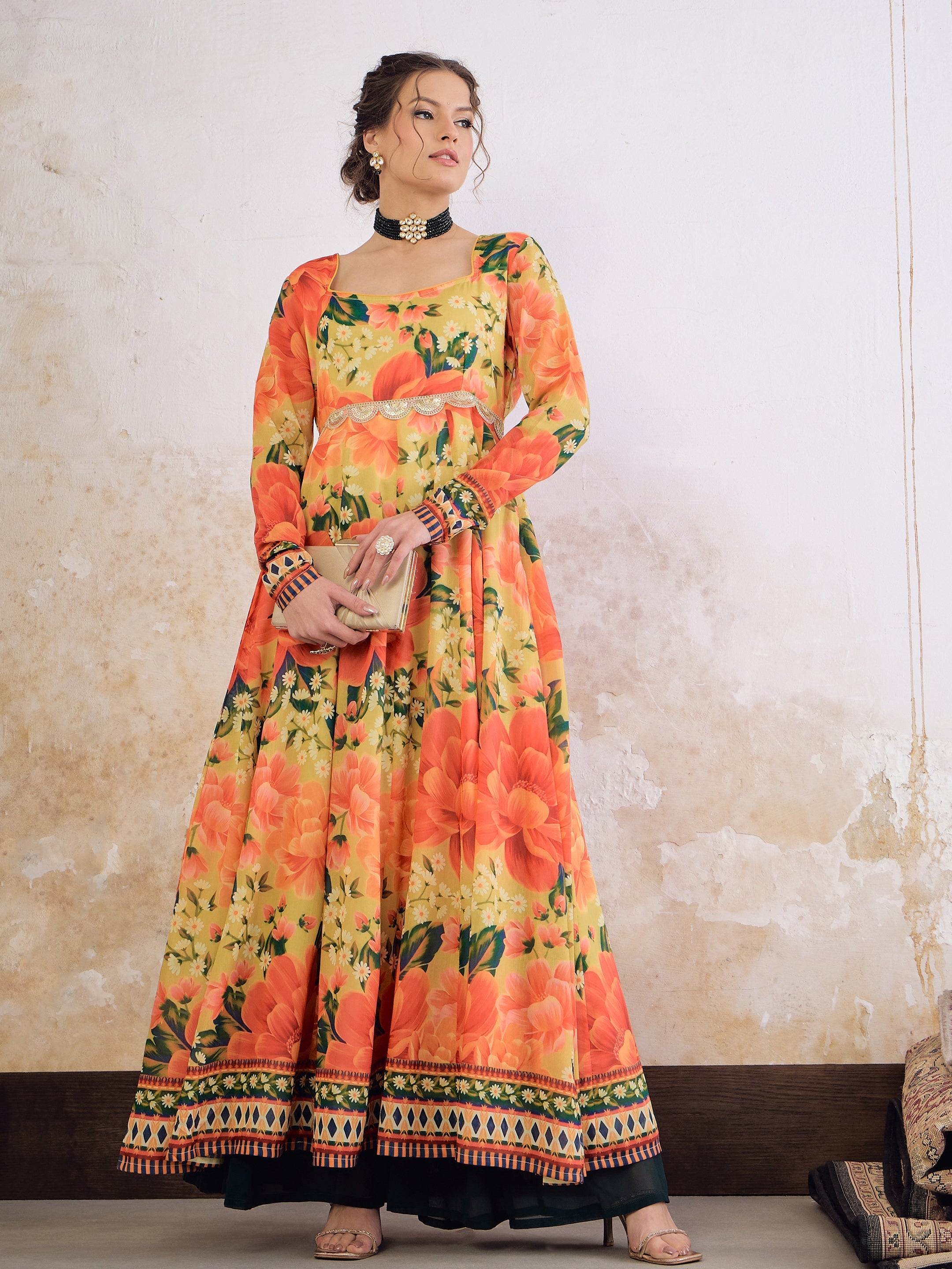 Women Yellow Floral Poly Muslin Anarkali Kurta