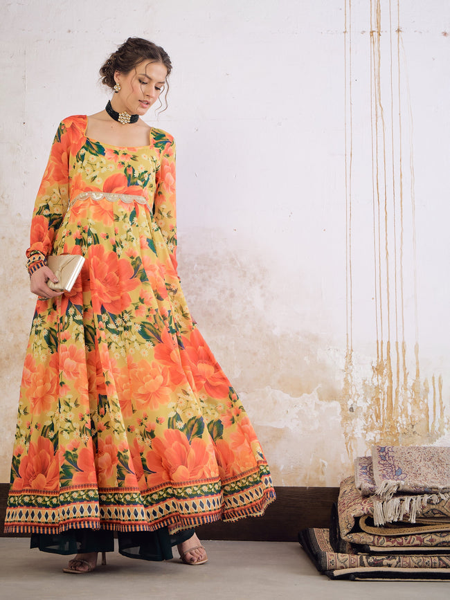 Women Yellow Floral Poly Muslin Anarkali Kurta