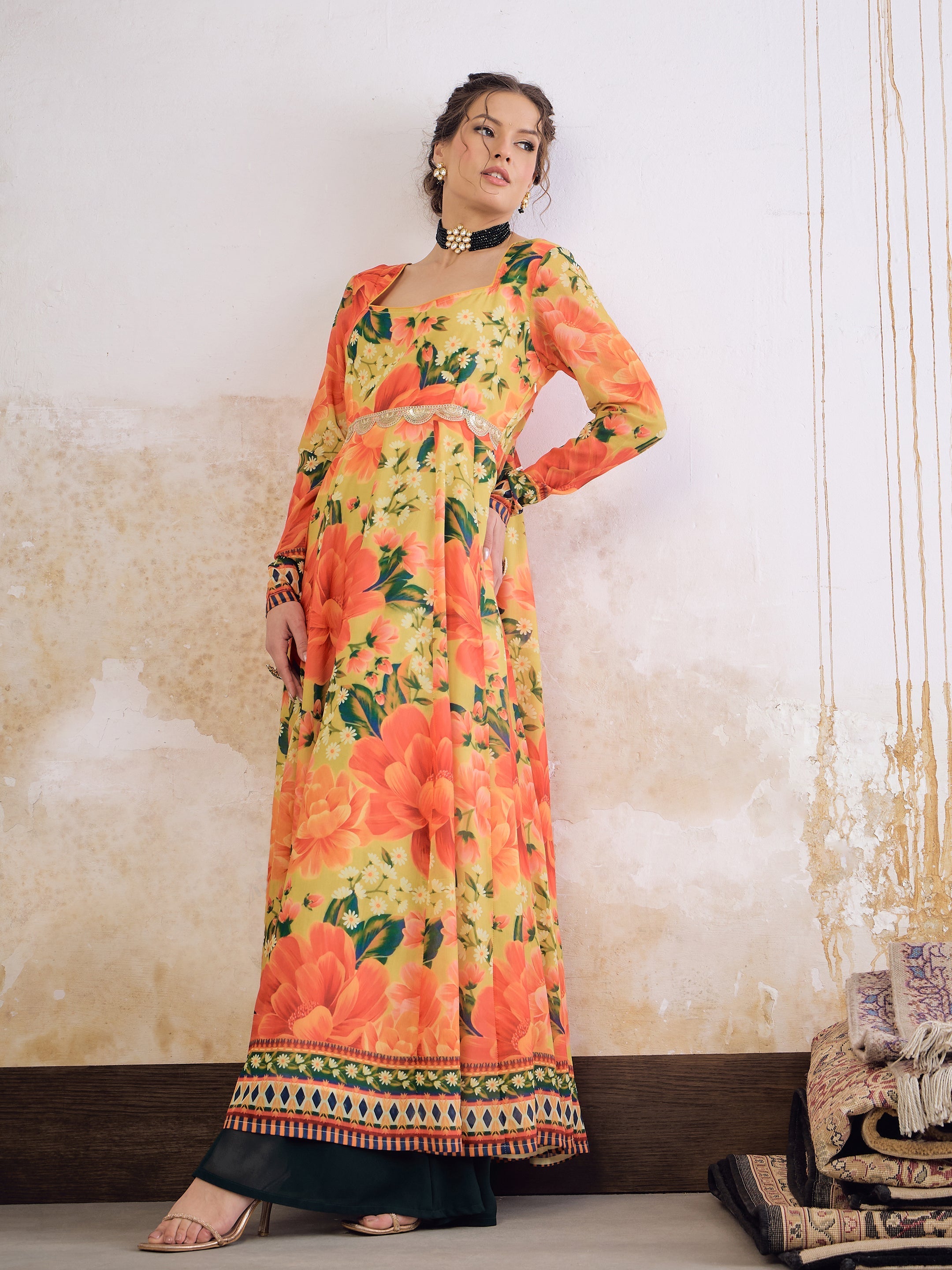 Women Yellow Floral Poly Muslin Anarkali Kurta