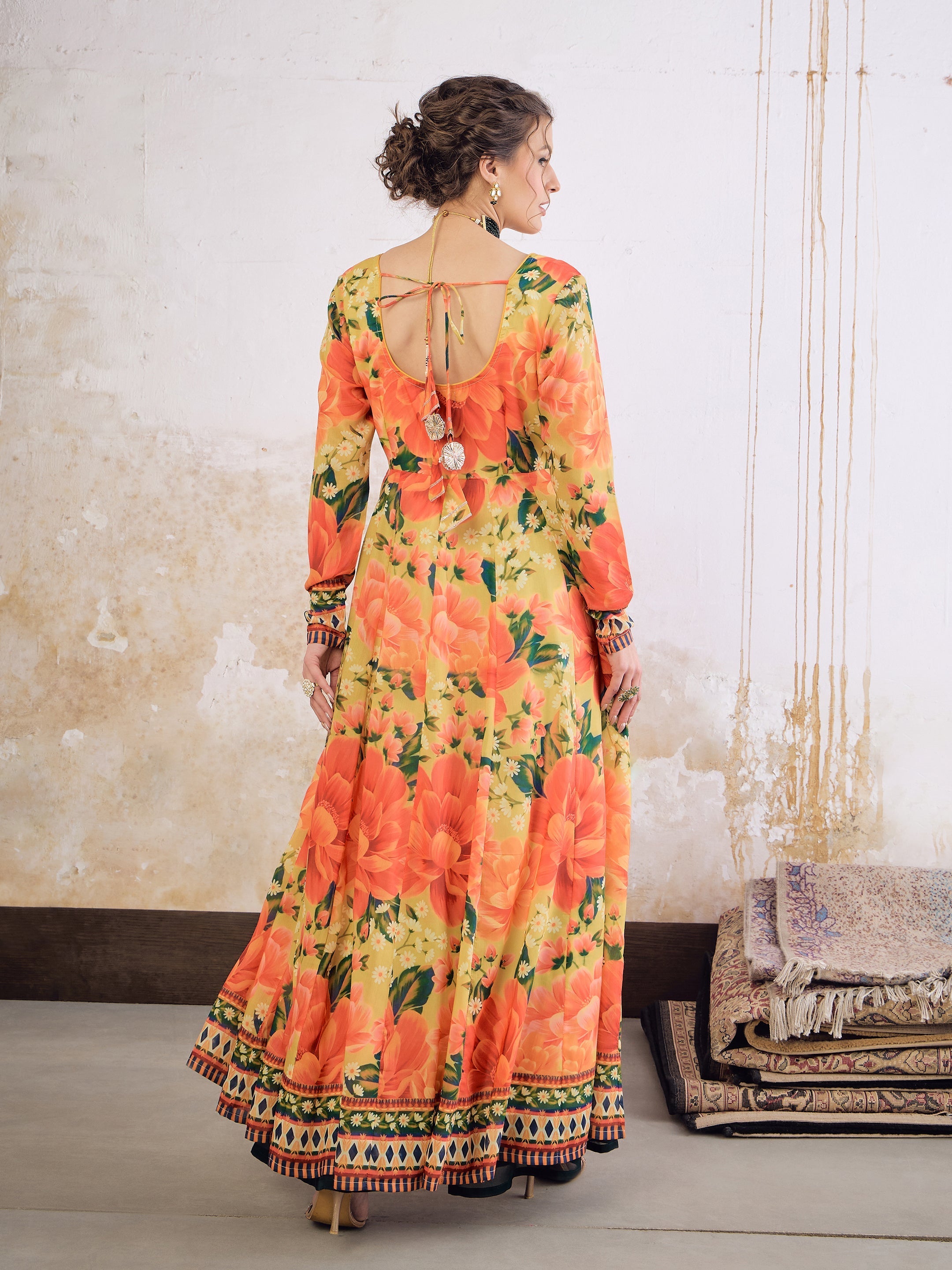 Women Yellow Floral Poly Muslin Anarkali Kurta