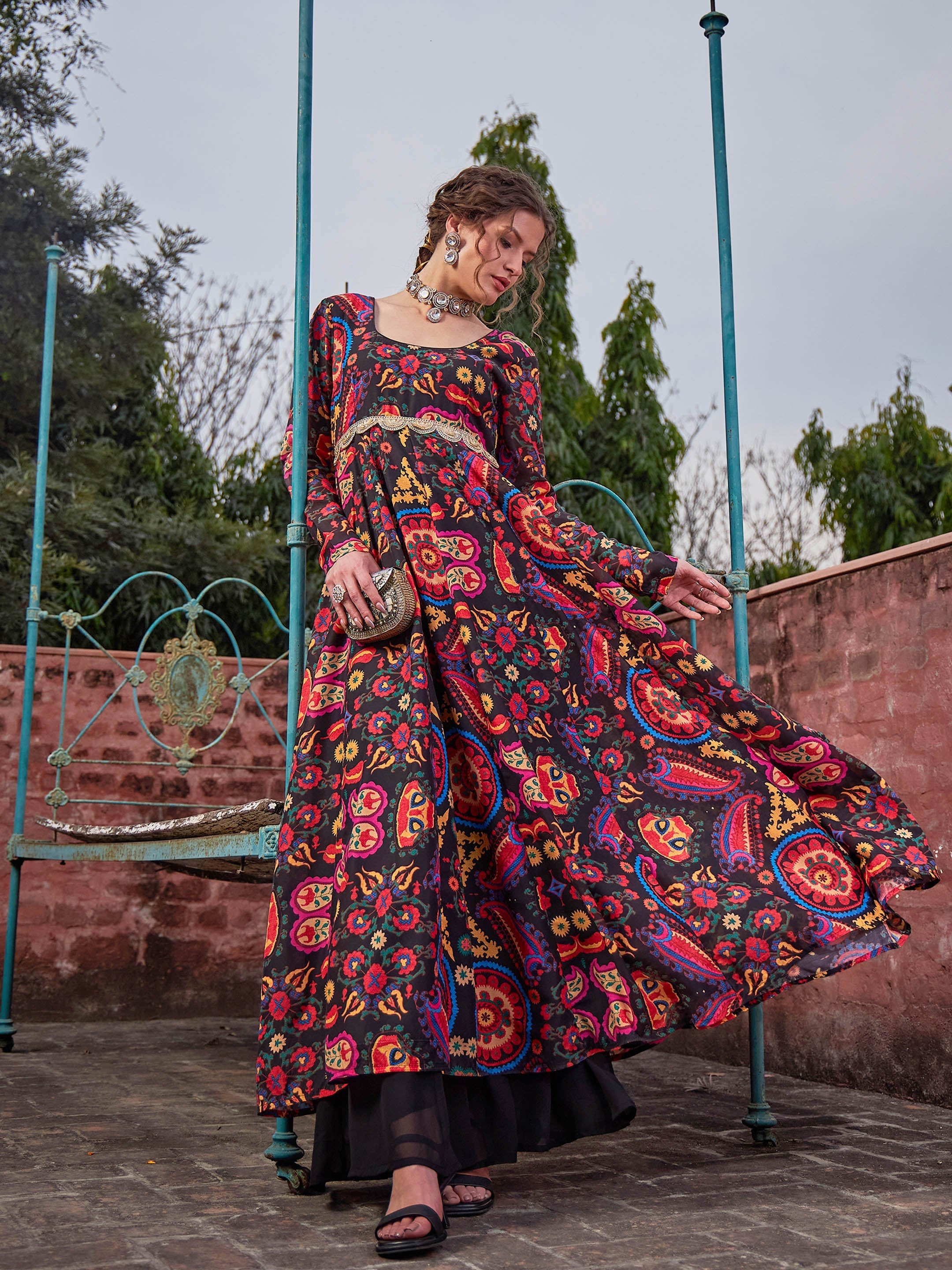 Women Black Floral Poly Muslin Anarkali Kurta