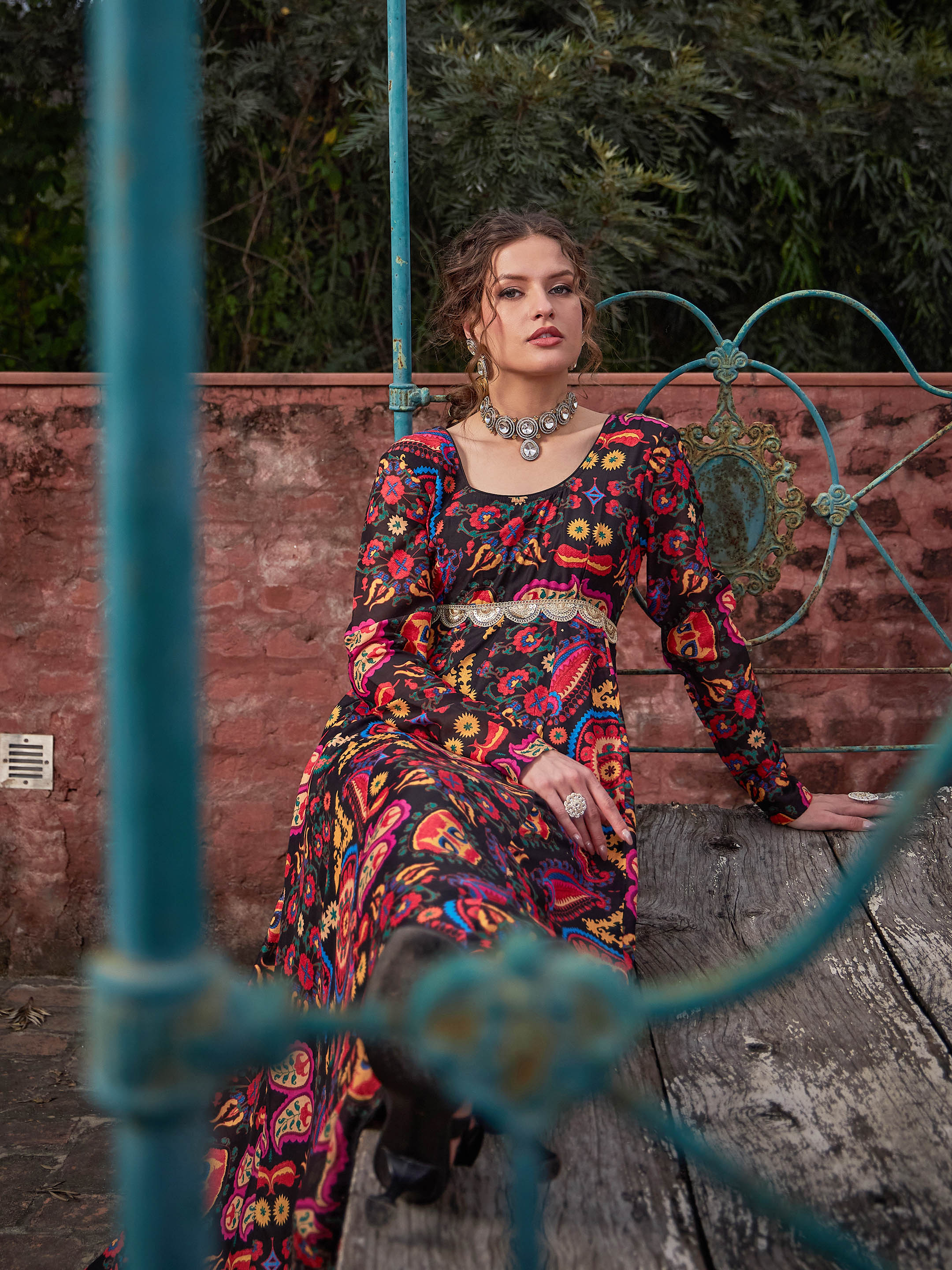 Women Black Floral Poly Muslin Anarkali Kurta