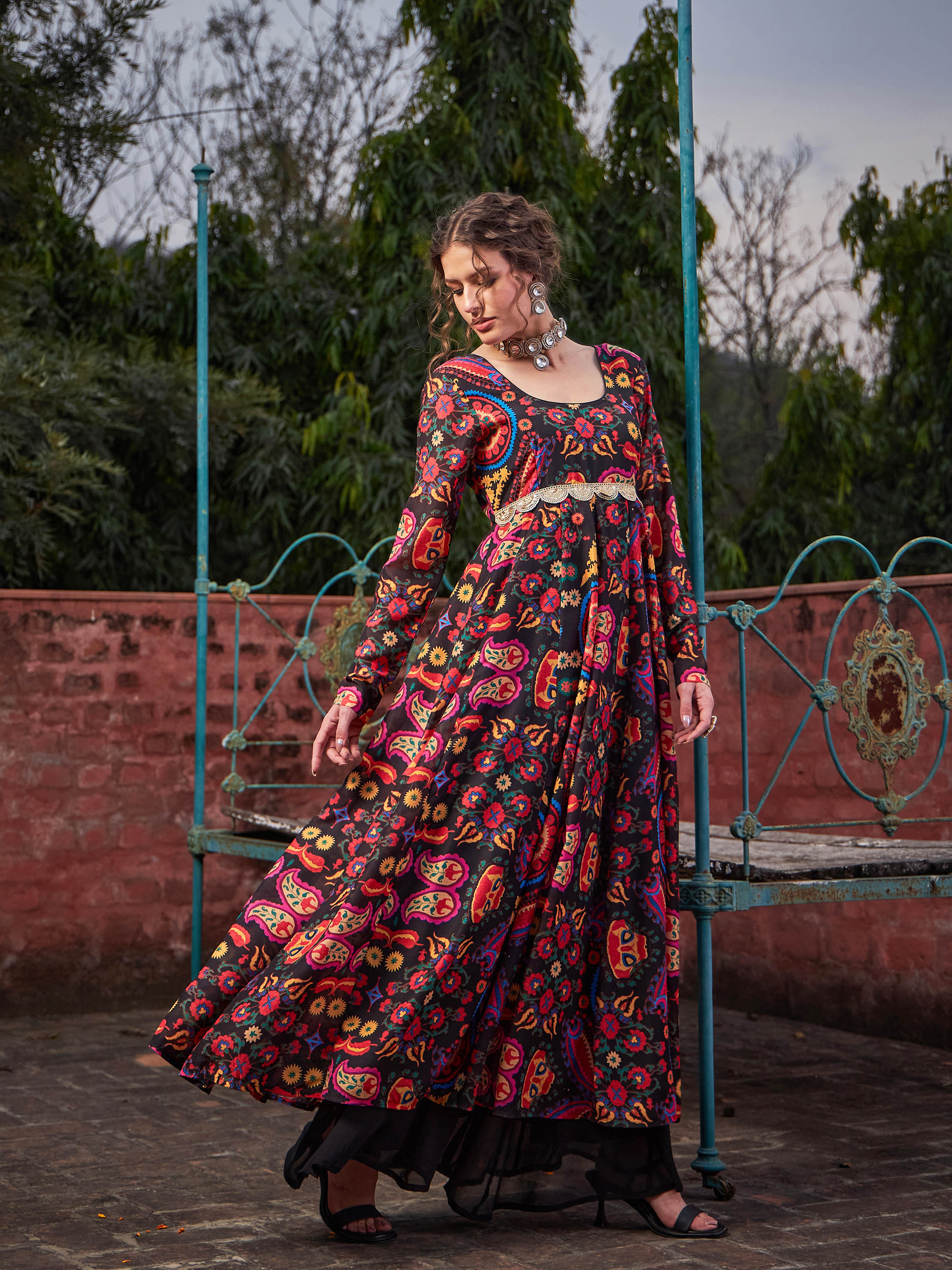 Women Black Floral Poly Muslin Anarkali Kurta
