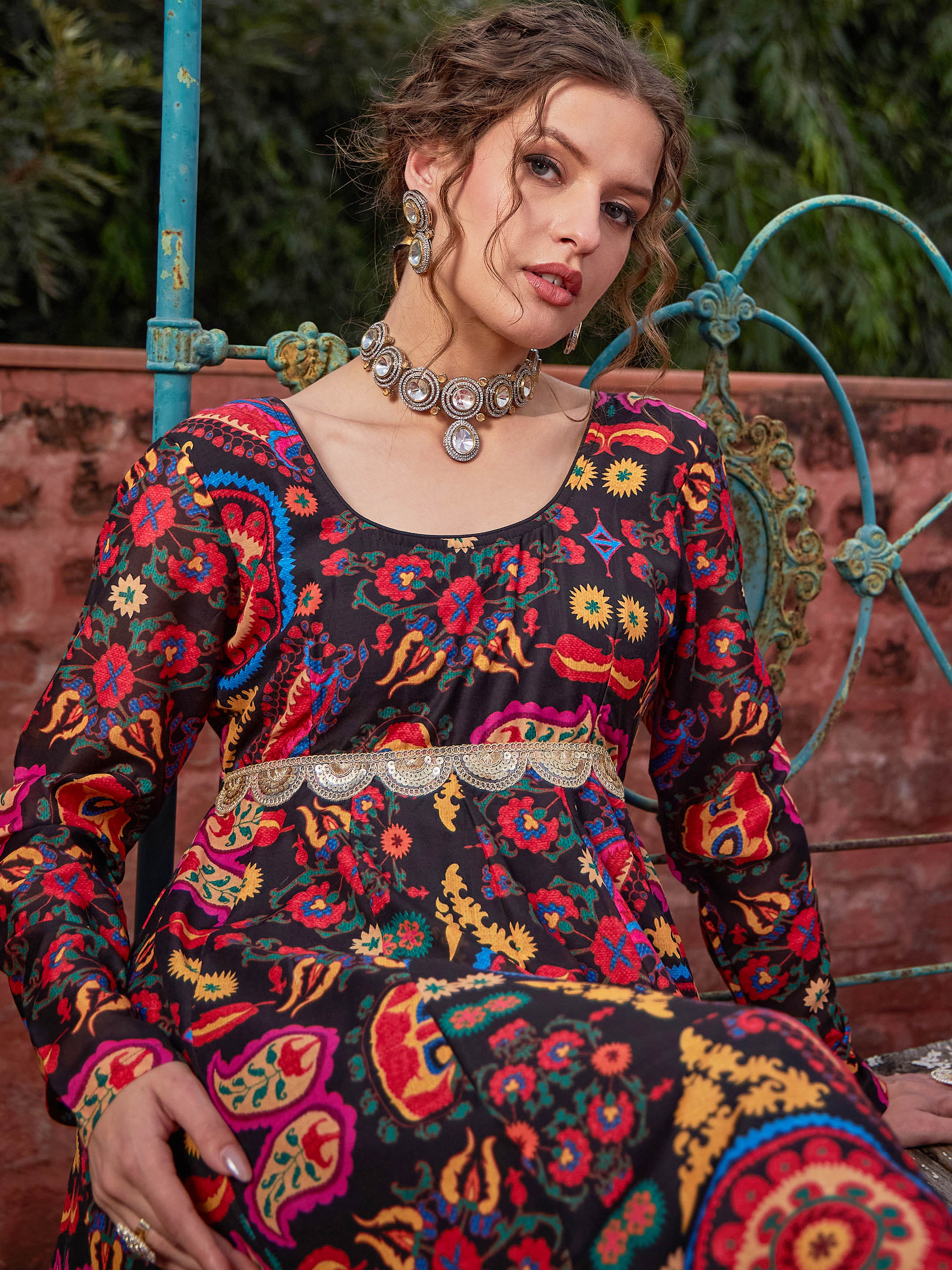 Women Black Floral Poly Muslin Anarkali Kurta