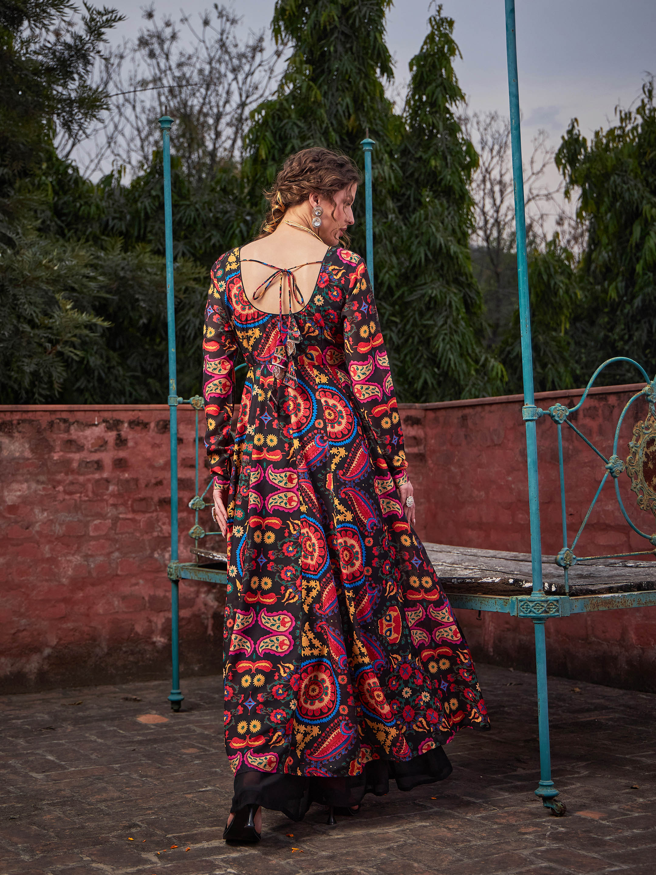 Women Black Floral Poly Muslin Anarkali Kurta