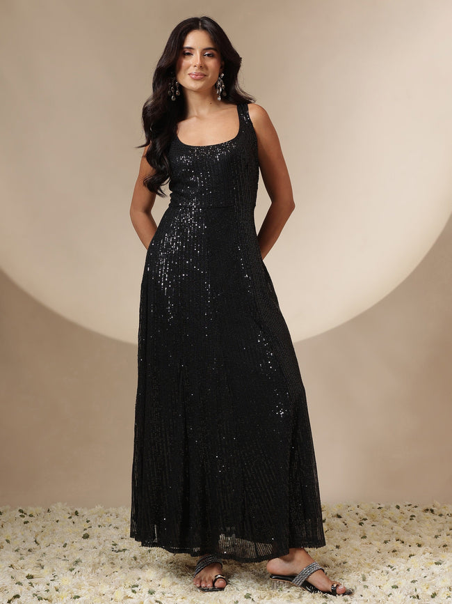 Women Black Sequin Sleeveless Anarkali Kurta