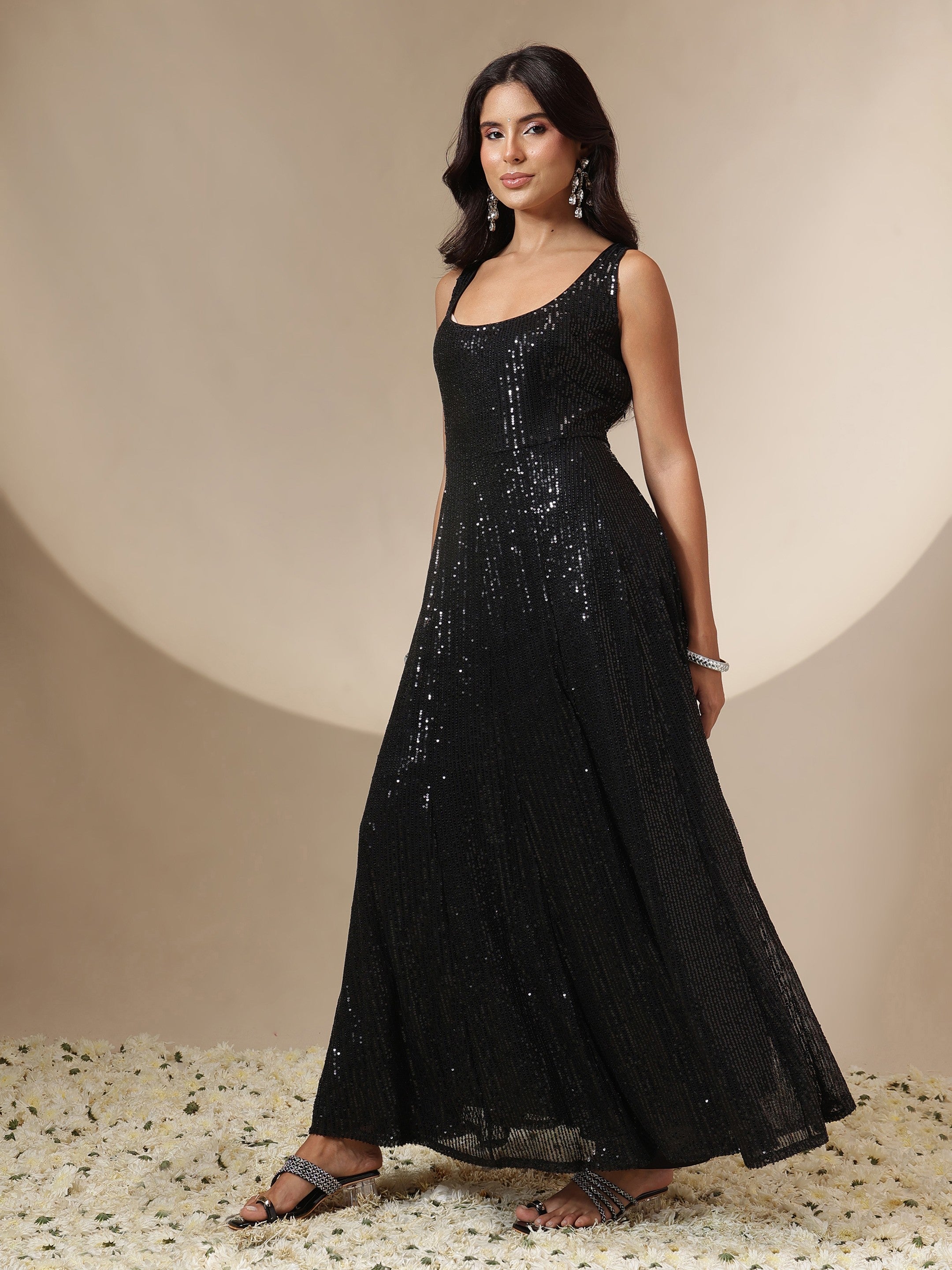 Women Black Sequin Sleeveless Anarkali Kurta
