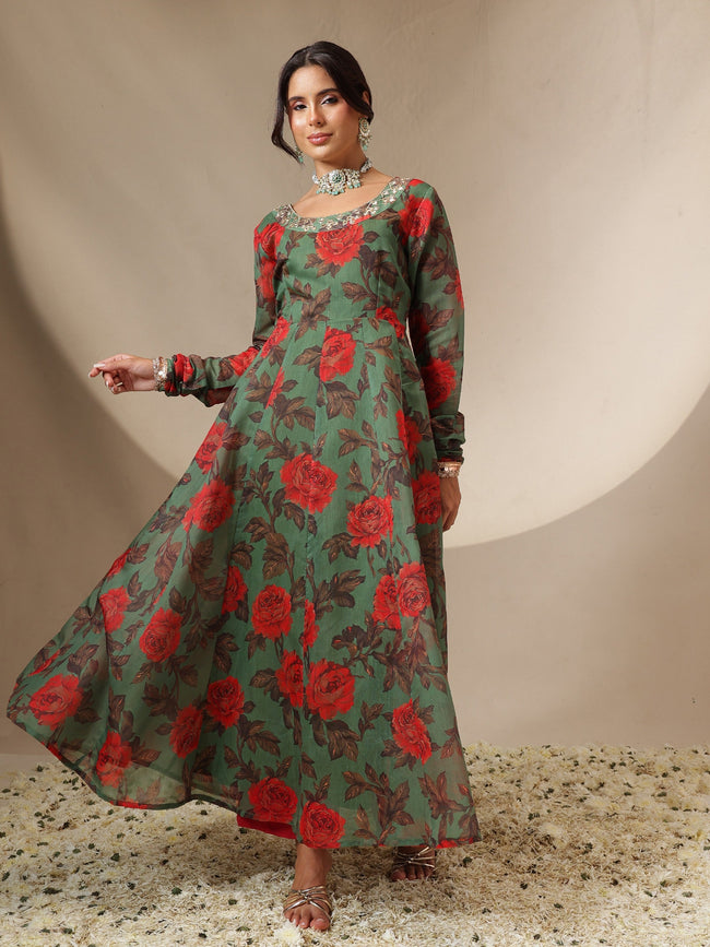 Women Green Floral Round Neck Anarkali Maxi Kurta