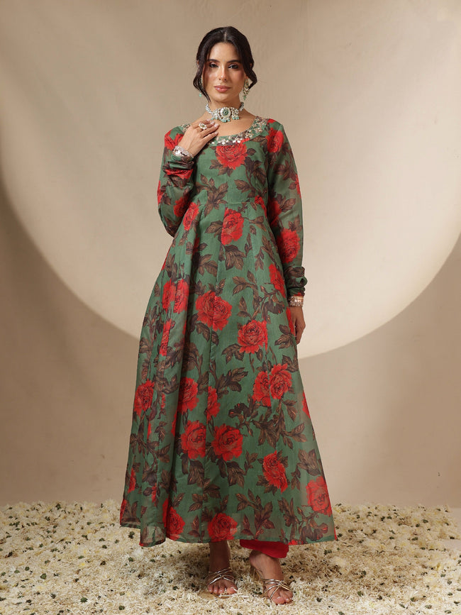 Women Green Floral Round Neck Anarkali Maxi Kurta