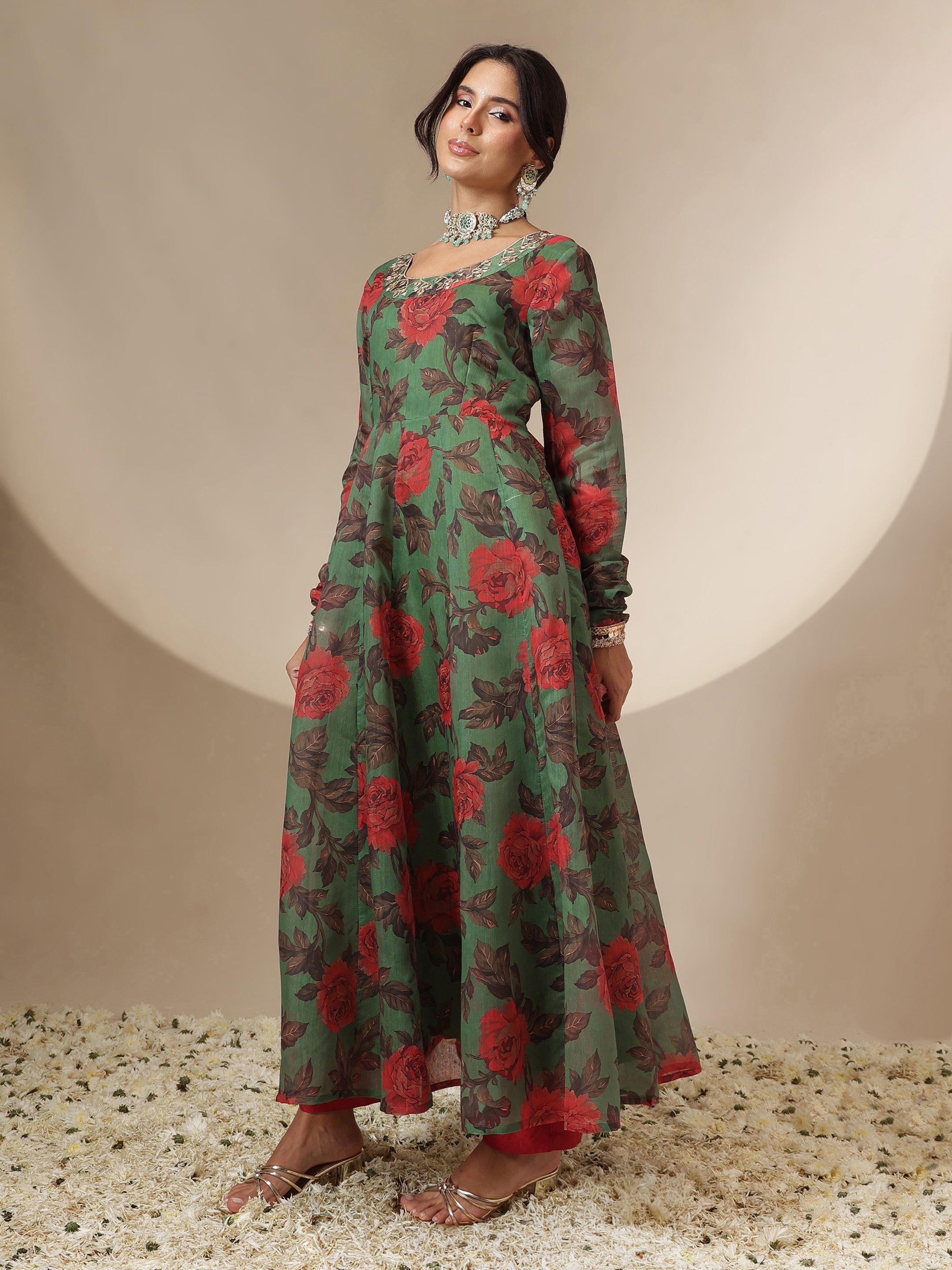 Women Green Floral Round Neck Anarkali Maxi Kurta
