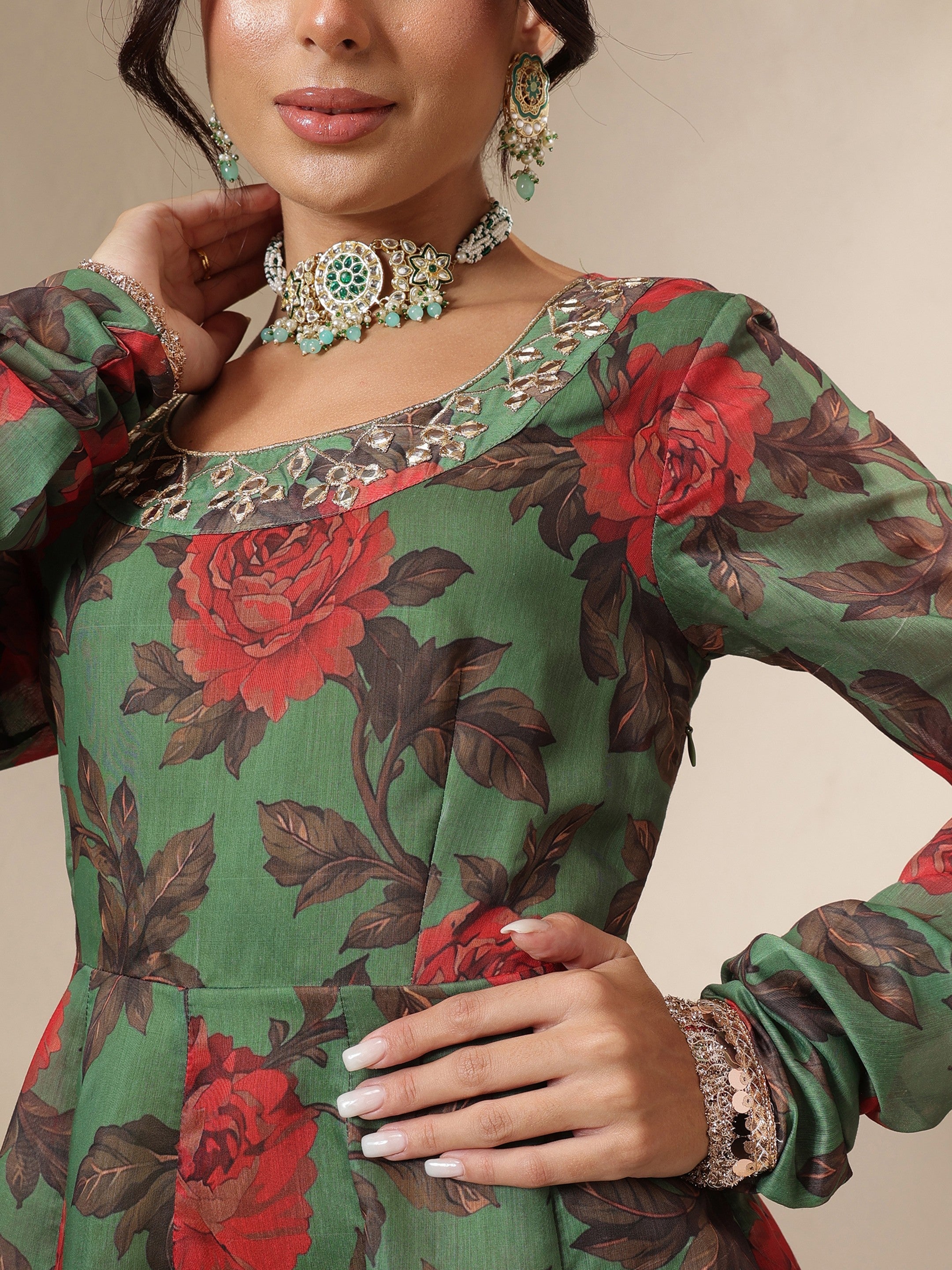 Women Green Floral Round Neck Anarkali Maxi Kurta