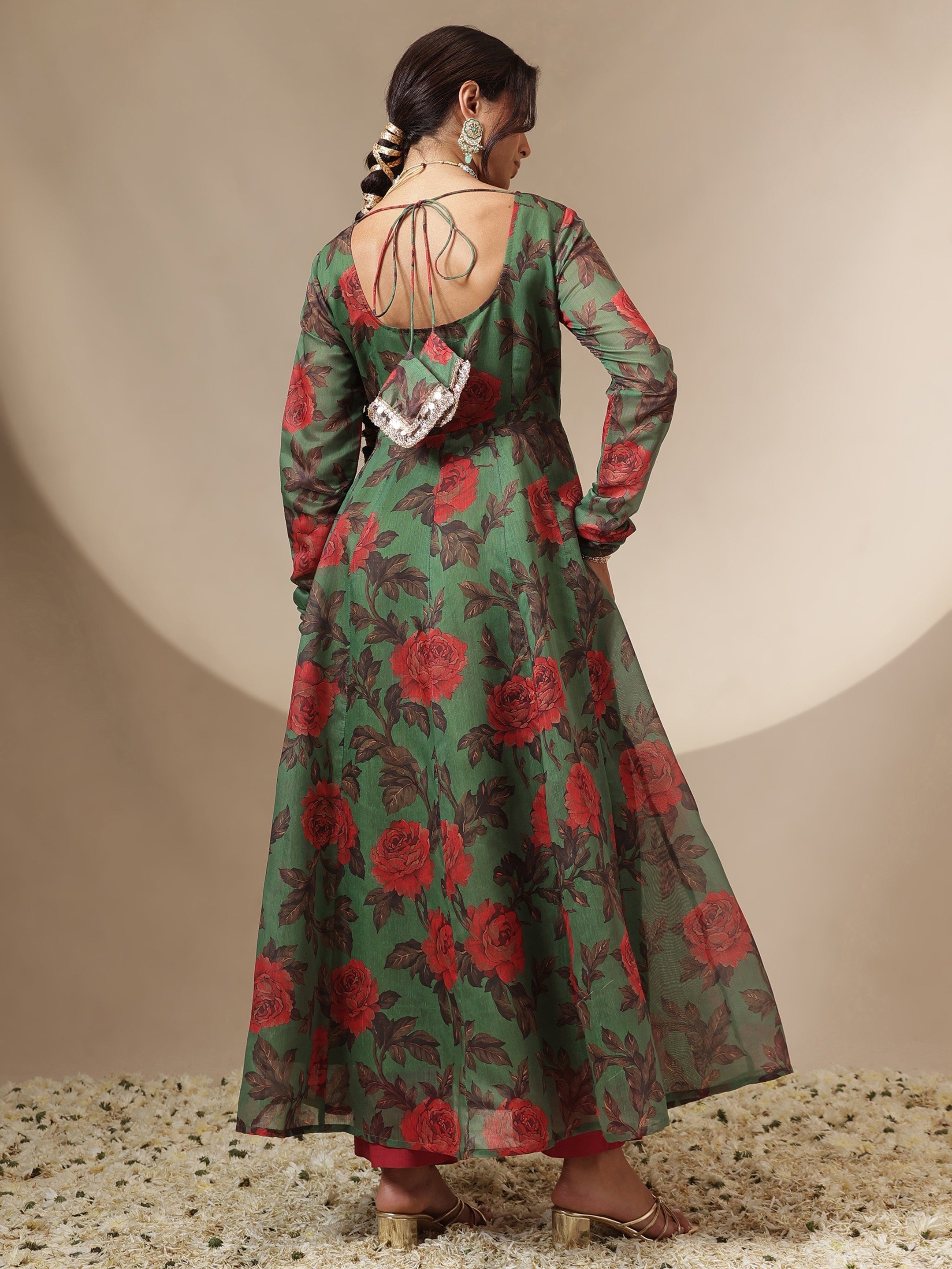 Women Green Floral Round Neck Anarkali Maxi Kurta